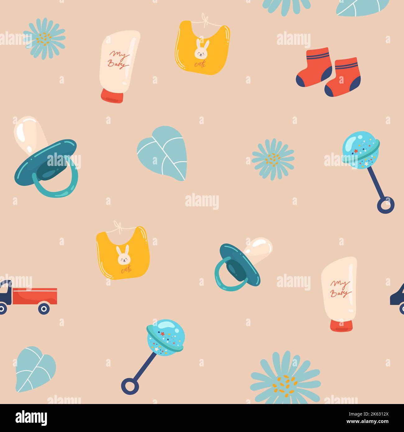 Sammlung von Baby-Spielzeug-Icons, Hand gezeichnet nahtlose Muster. Hintergrund mit Kinderwaren. Jungen Spielzeug Icon Set Vektor. Dekorative Illustration, gut für Stock Vektor