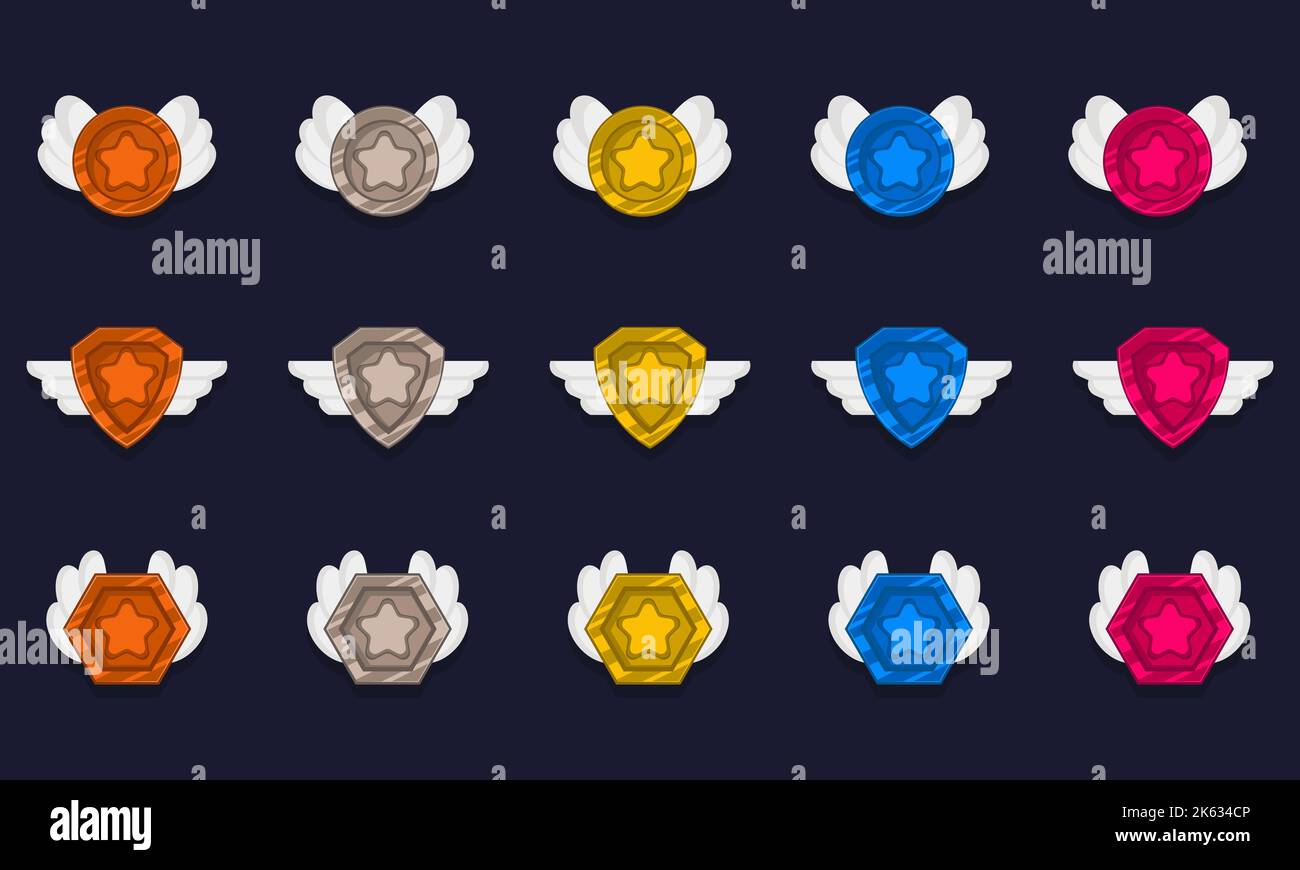 Game Achievement Badge oder Rank Icon Cartoon-Set. Gold-, Silber- und Bronzemedaille oder Medaillenprämie. Level up Münzen mit Stern und Element für ui-Asset. Co Stock Vektor