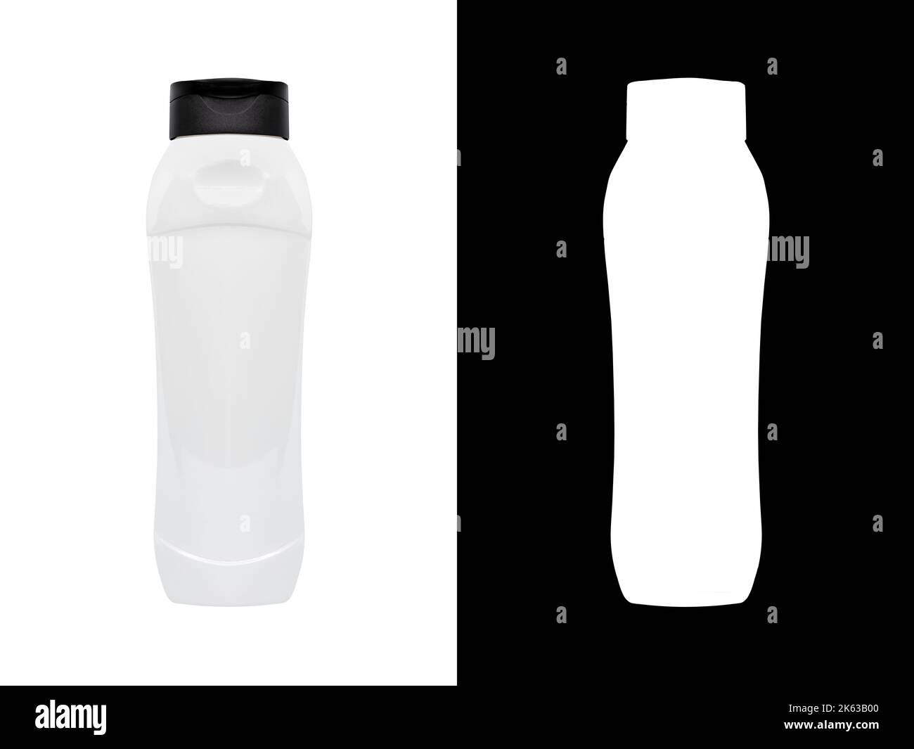 Weiße Kunststoffflasche für Mockup, flüssiger Behälter mit Deckel auf isoliertem weißem Hintergrund mit Clipping-Maske. Vorlage für Ihr Design. Stockfoto