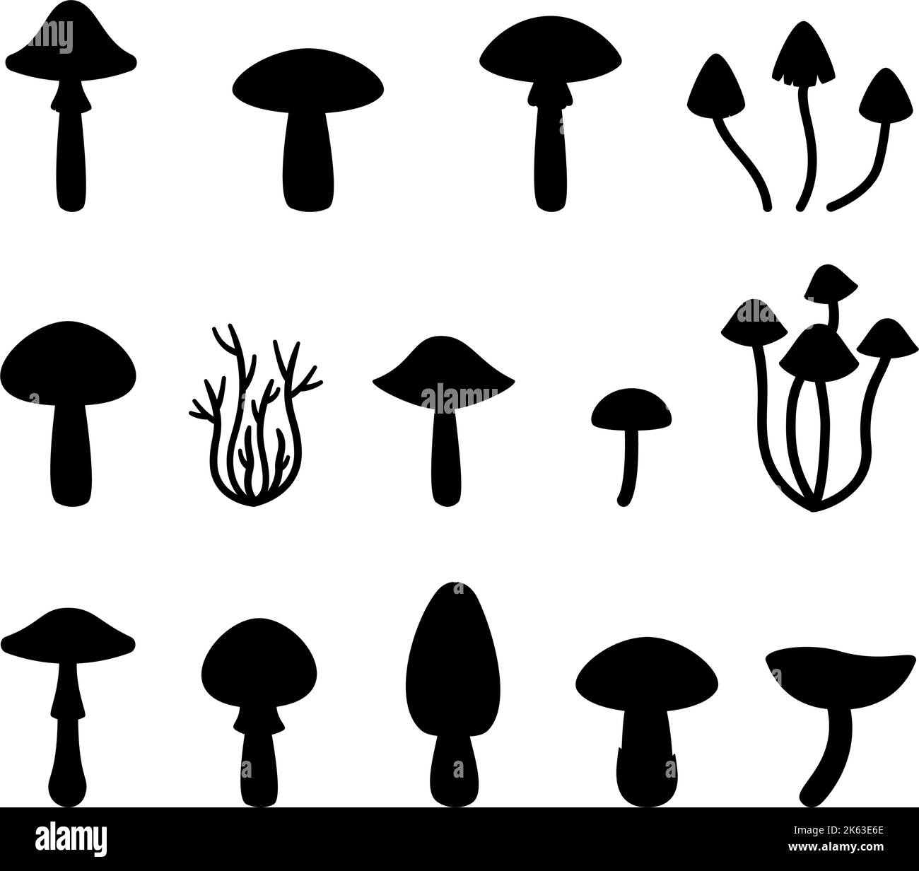 Setzen Sie schwarze Pilze Silhouetten auf transparenten Hintergrund. Dekorative Illustration zum Sandstrahlen, Laser- und Plotterschneiden Stock Vektor