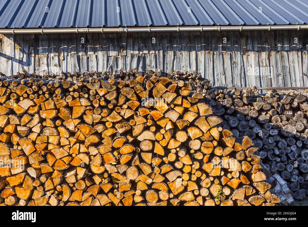 Stapel von Spaltholzstämmen für Heizöl - Le Petit-Pressigny, Indre-et-Loire (37), Frankreich. Stockfoto