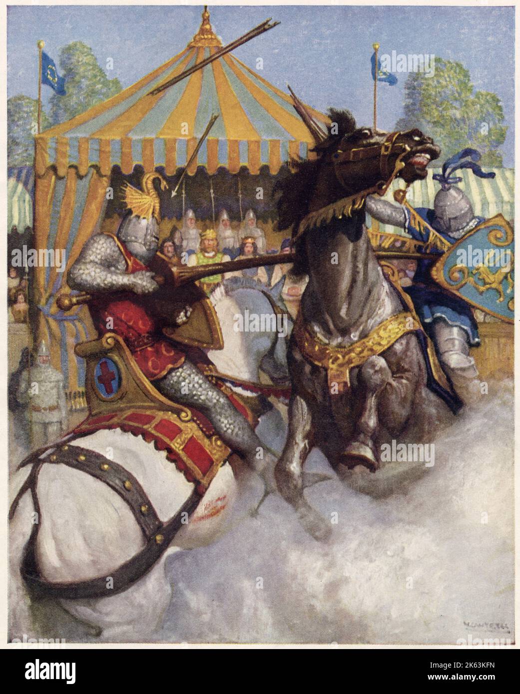 Lancelot besiegt Sir Mador de la Porte im Kampf um die Ehre Guinevere. Stockfoto