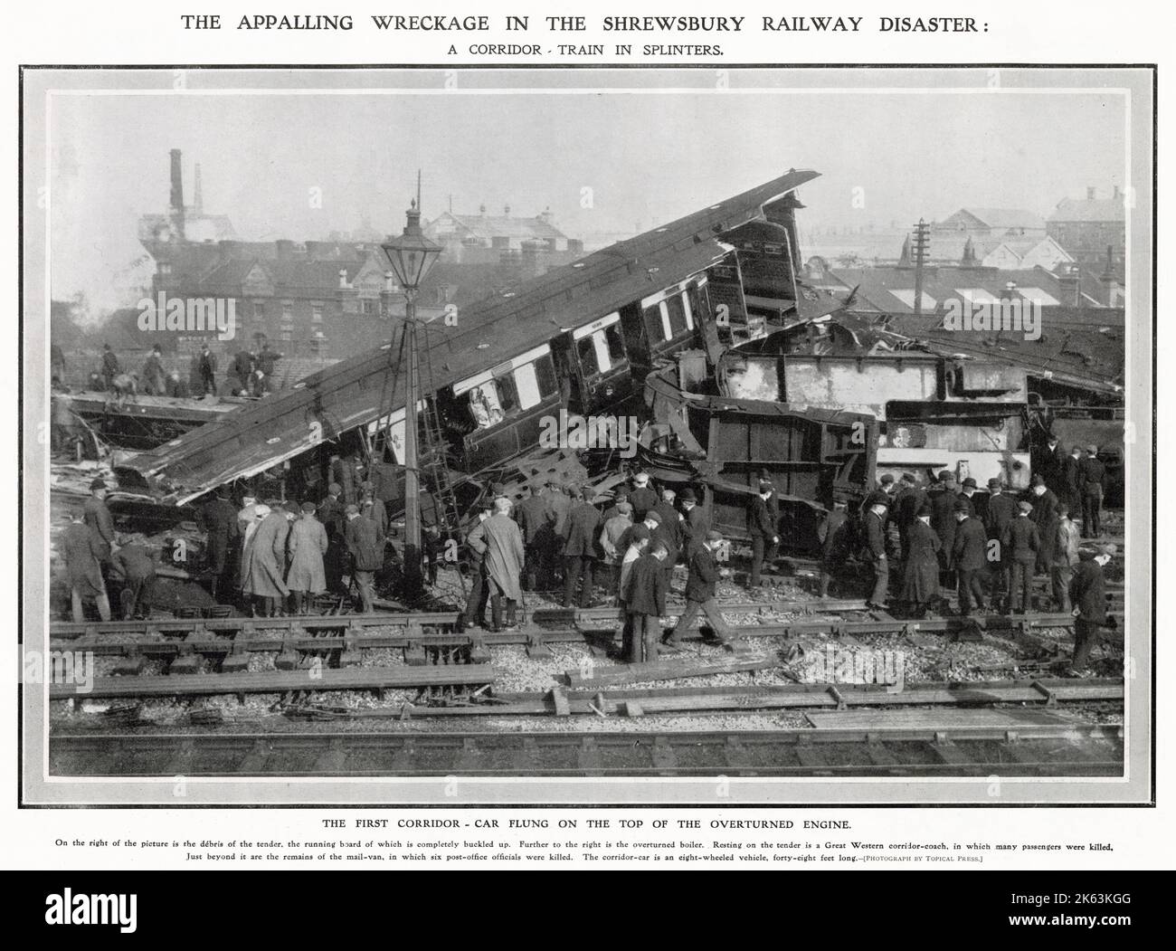 Shrewsbury Eisenbahnunfall - Trümmer des Postwagens, in dem sechs Postarbeiter getötet wurden. Stockfoto