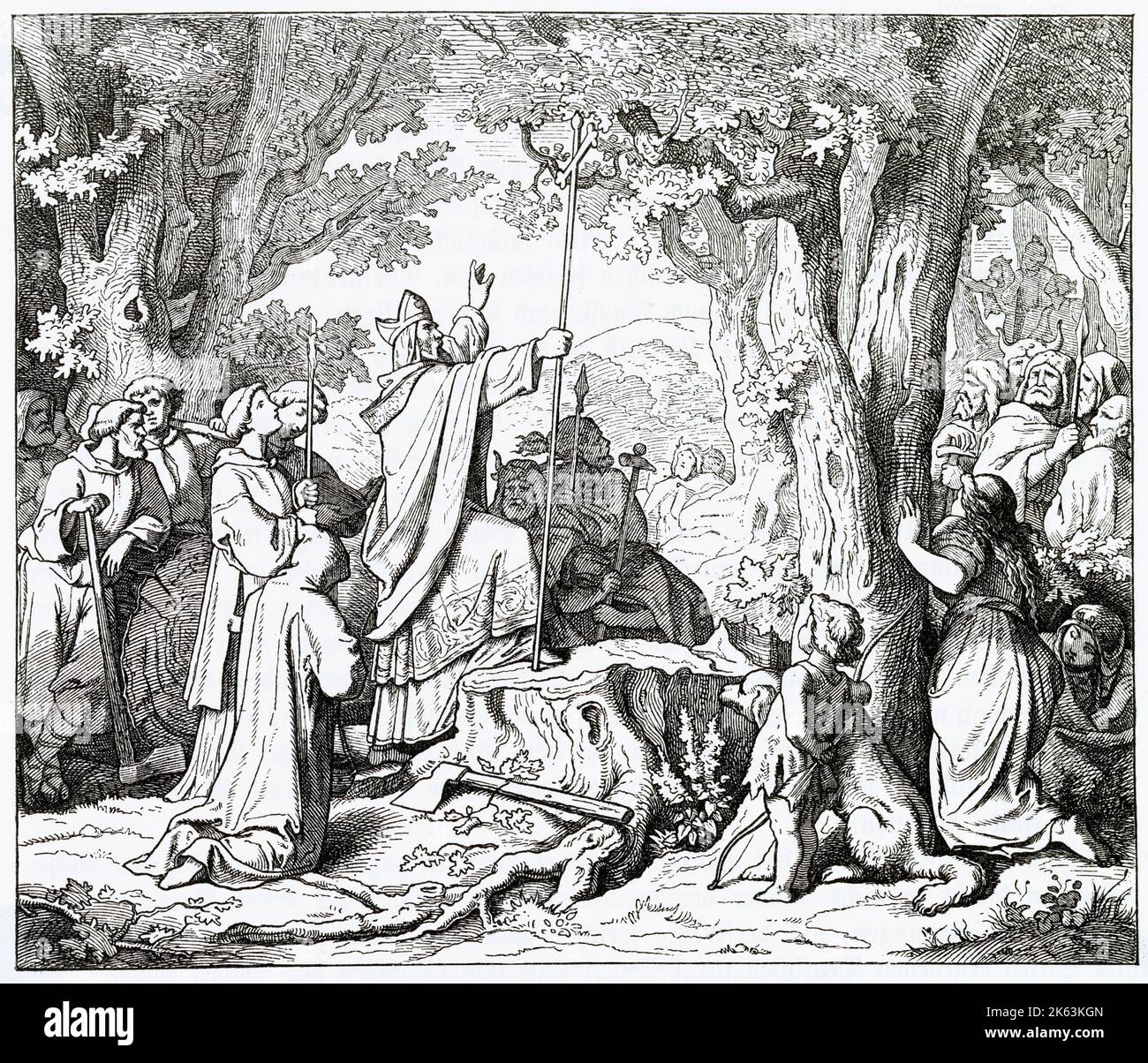 Bruno (Bonifacius) von Querfurt zerstört die heilige Eiche der heidnischen Preußen, für die sie ihn (zu Recht) töten Stockfoto