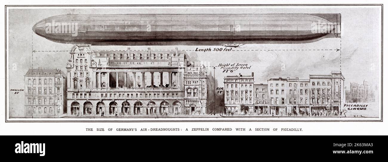 Abbildung: Deutsches Luftdreadnought, Zeppelin im Vergleich zu einem Gebäudeabschnitt in Piccadilly London. Stockfoto