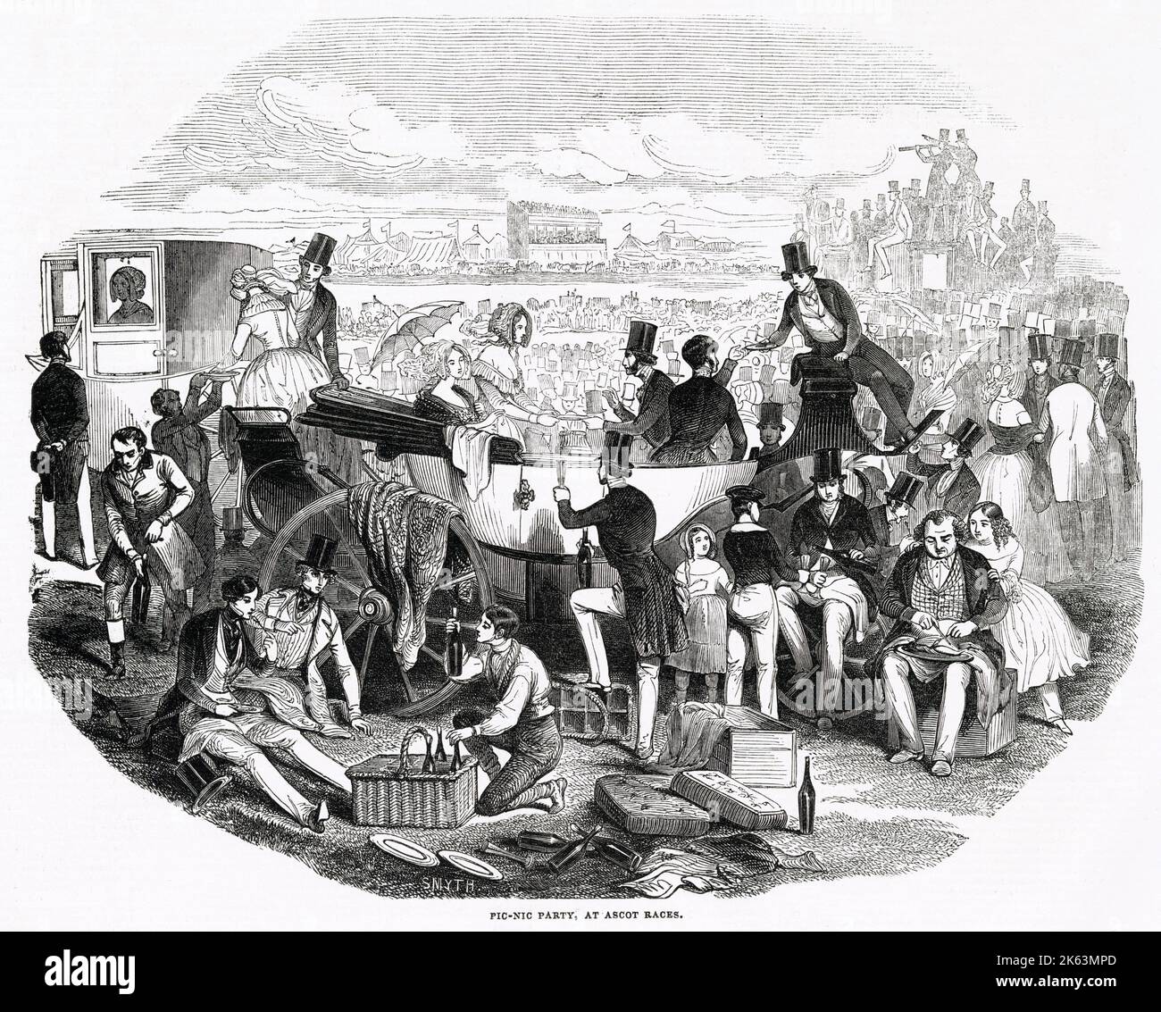 Erfahrene Rennfahrer genießen ein Picknick zwischen den Rennen auf der Ascot-Tagung Stockfoto