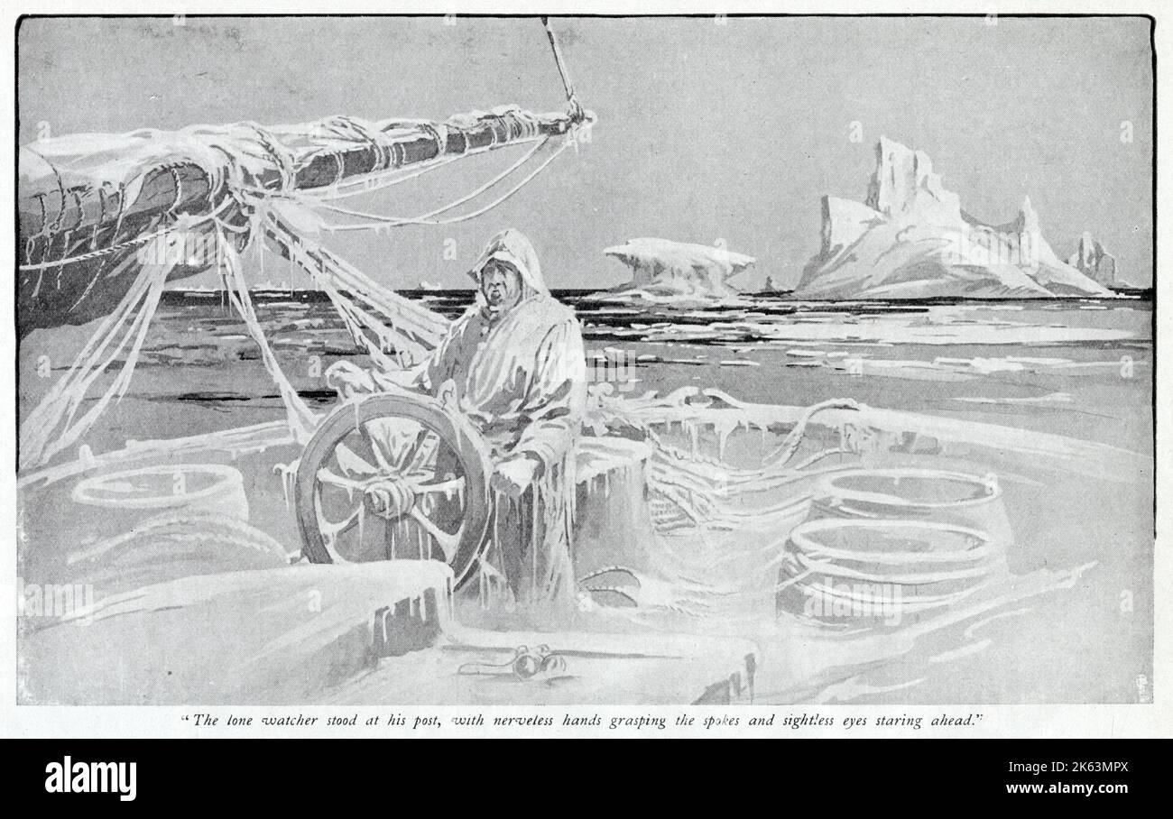 Dieses verlassene Segelschiff wird von der Schließmaschine 'Ariebis' gefunden; der Kapitän, an das Ruder gefesselt, ist erfroren Stockfoto