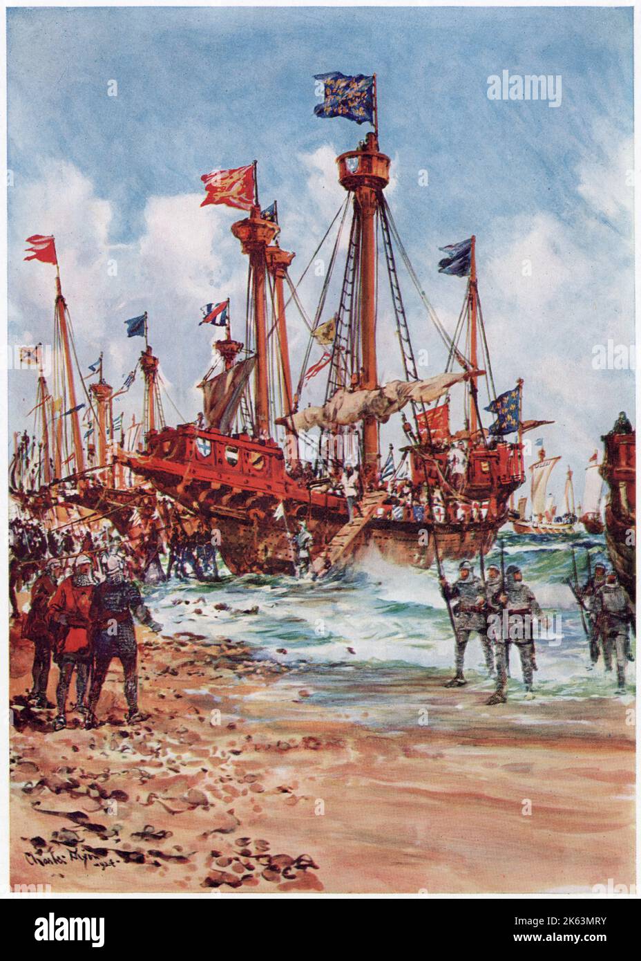 Eine französische Flotte landet an der Küste von Kent: Obwohl die Engländer im Ärmelkanal im Allgemeinen die Vorherrschaft der Marine genießen, verhindern gelegentliche französische Angriffe Selbstzufriedenheit Stockfoto