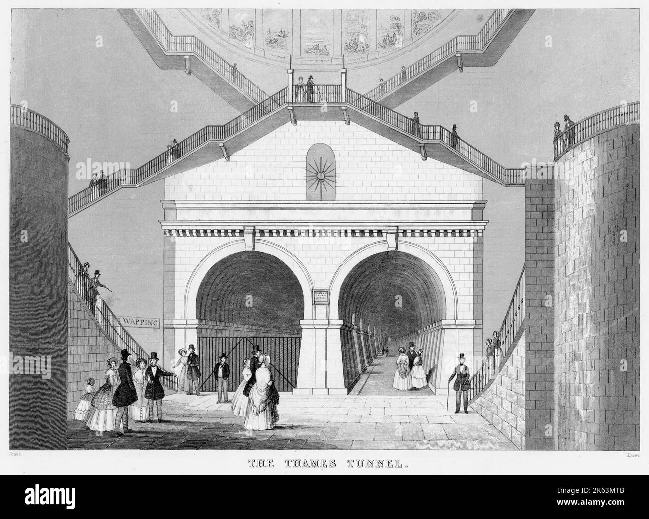 Blick auf den Eingang zum Wapping-Rotherhithe-Tunnel unter der Themse, dem ersten Unterwassertunnel der Welt, der 1843 von Marc Brunel fertiggestellt wurde. Der Tunnel wurde von 1843 bis 1865 von Fußgängern genutzt, bevor er für den Bahnverkehr umgebaut wurde. Stockfoto