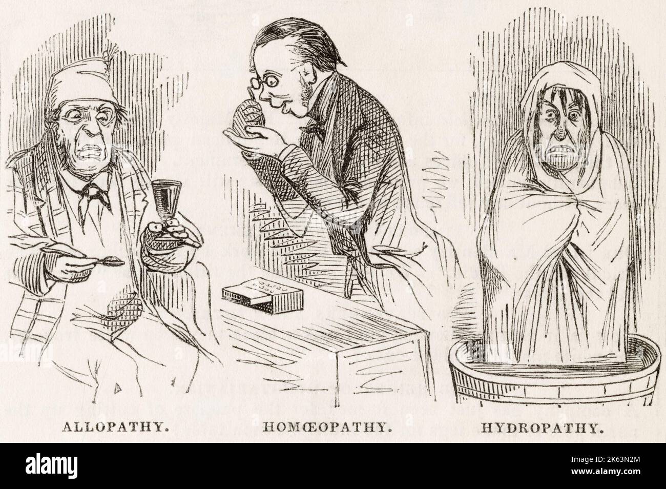 Allopathie - Homöopathie - Hydropathie - die Optionen des 1850er Stockfoto