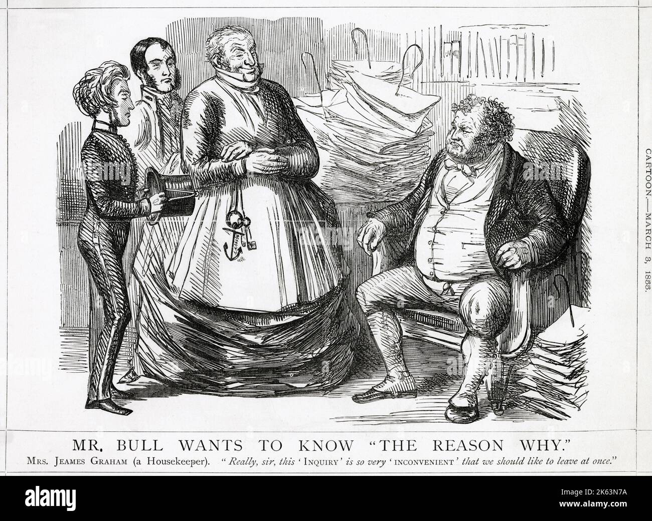 John Bull will eine Untersuchung über das offizielle Missmanagement der Krim-Kampagne Datum: 1855. März Stockfoto