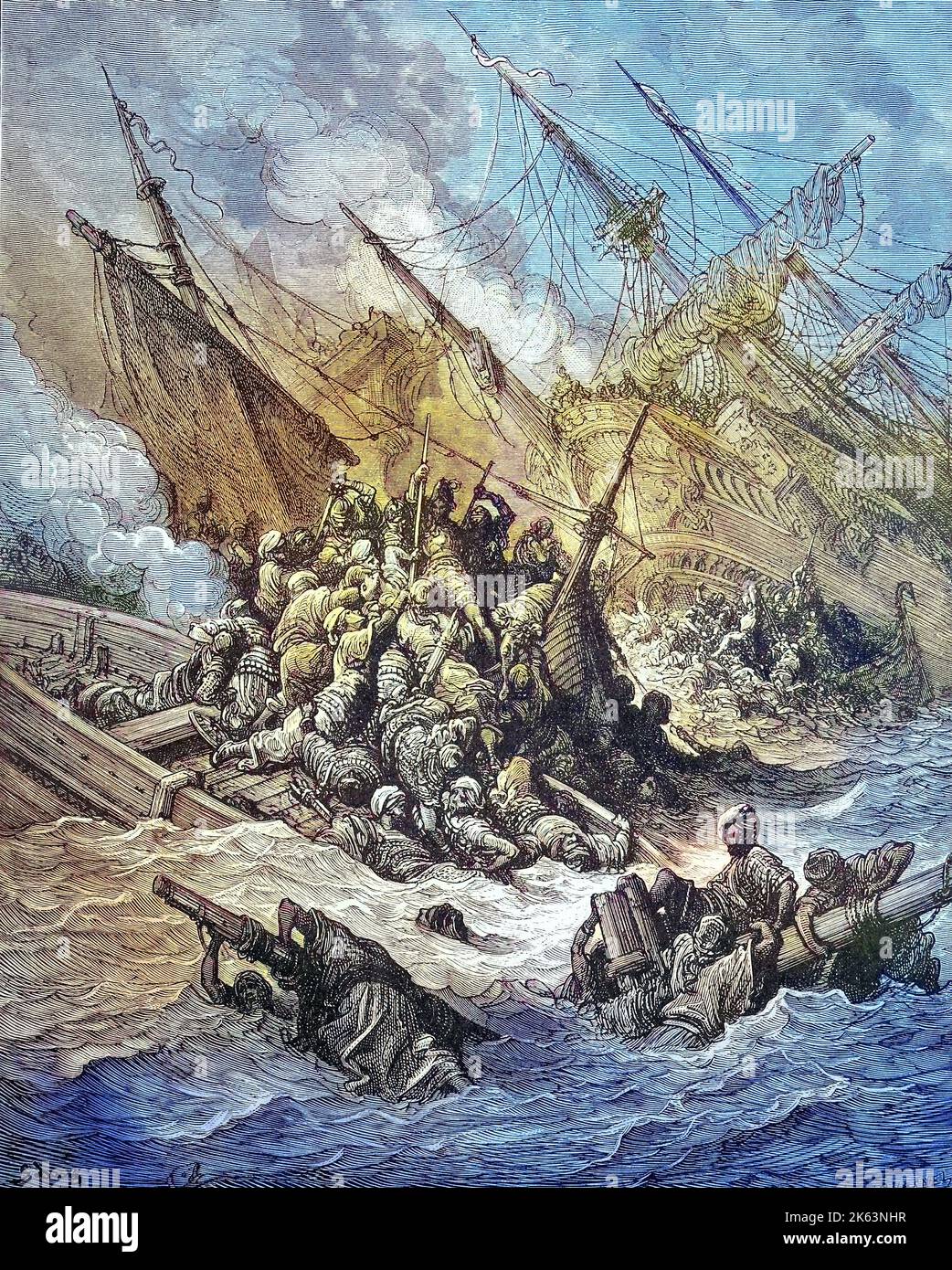 Die Kreuzzüge waren eine Reihe von Religionskriegen in Westasien und Europa, die von der katholischen Kirche initiiert, unterstützt und manchmal geleitet wurden. Die Schlacht von Lepanto war ein Marine-Engagement, das am 7. Oktober 1571 stattfand, als eine Flotte der Heiligen Liga, Angeführt von der Venetianischen Republik und dem spanischen Reich, erlitt die Flotte des Osmanenreiches im Golf von Patras, Griechenland, Seeschlacht von Lepanto am 7. Oktober 1571 im Ionischen Meer vor dem Eingang zum Golf von Patras bei Lepanto (grieslich Nafpaktos) im heutigen Griechenland statt, Originaldruck aus dem 19. Jahrhundert Stockfoto