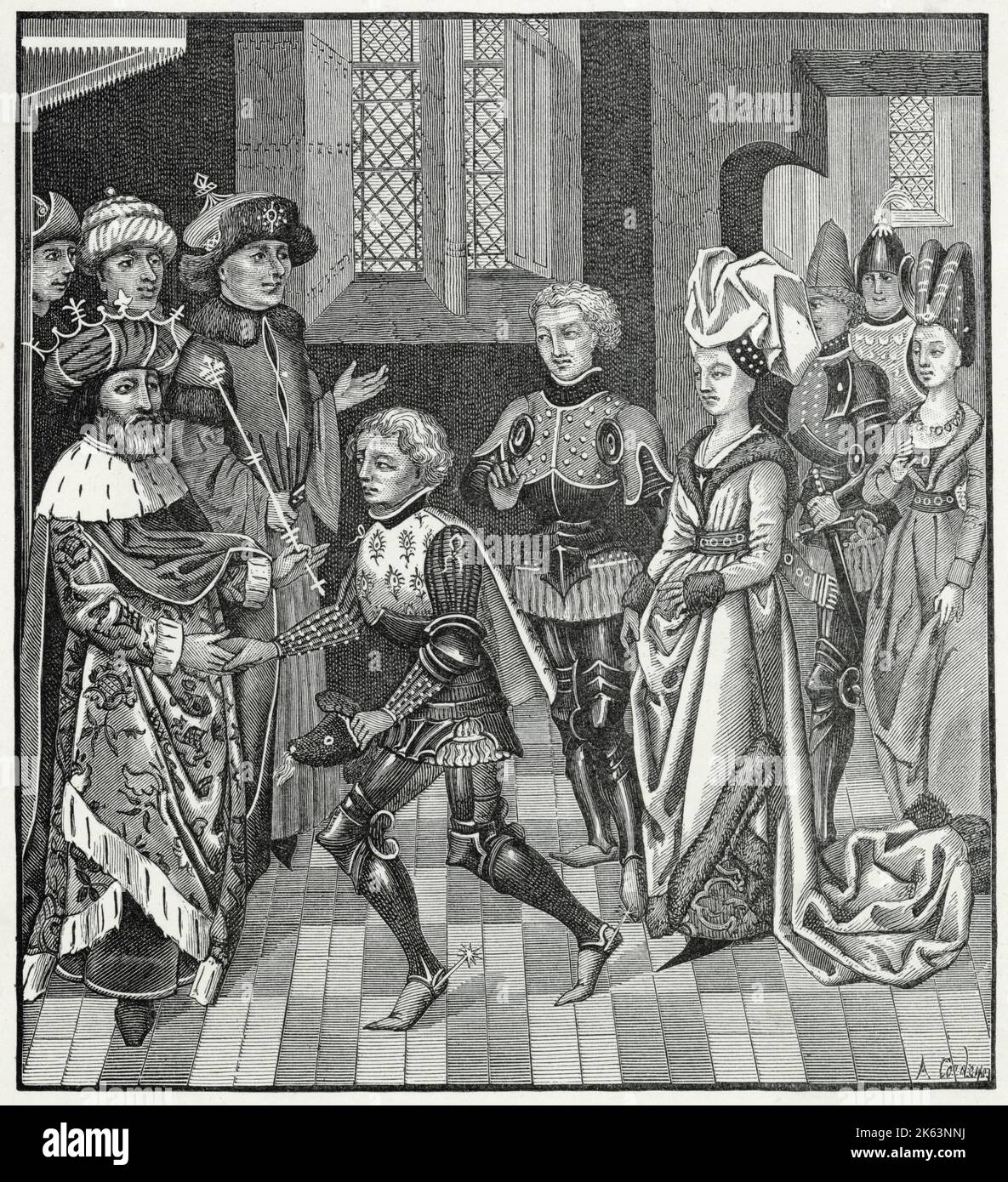 DER ERSTE KREUZZUG-Empfang von Gautier-sans-avoir durch den König von Ungarn, der ihm erlaubt, sein Territorium mit den Kreuzfahrern zu durchqueren. Stockfoto