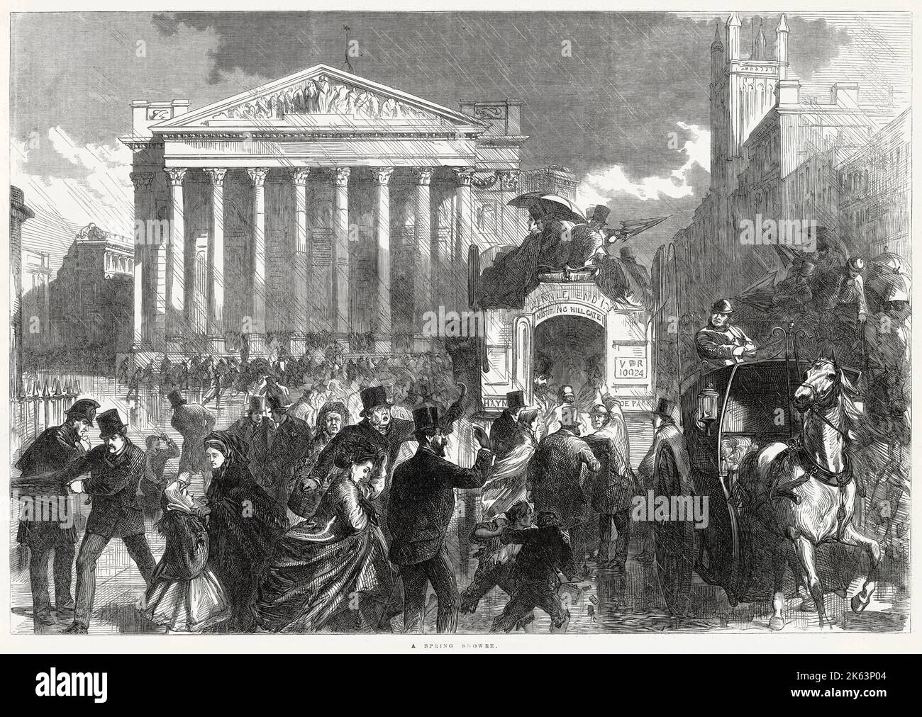 Eine Szene in Bank, London, wo viktorianische Leute versuchen, aus dem Regen herauszukommen. Stockfoto