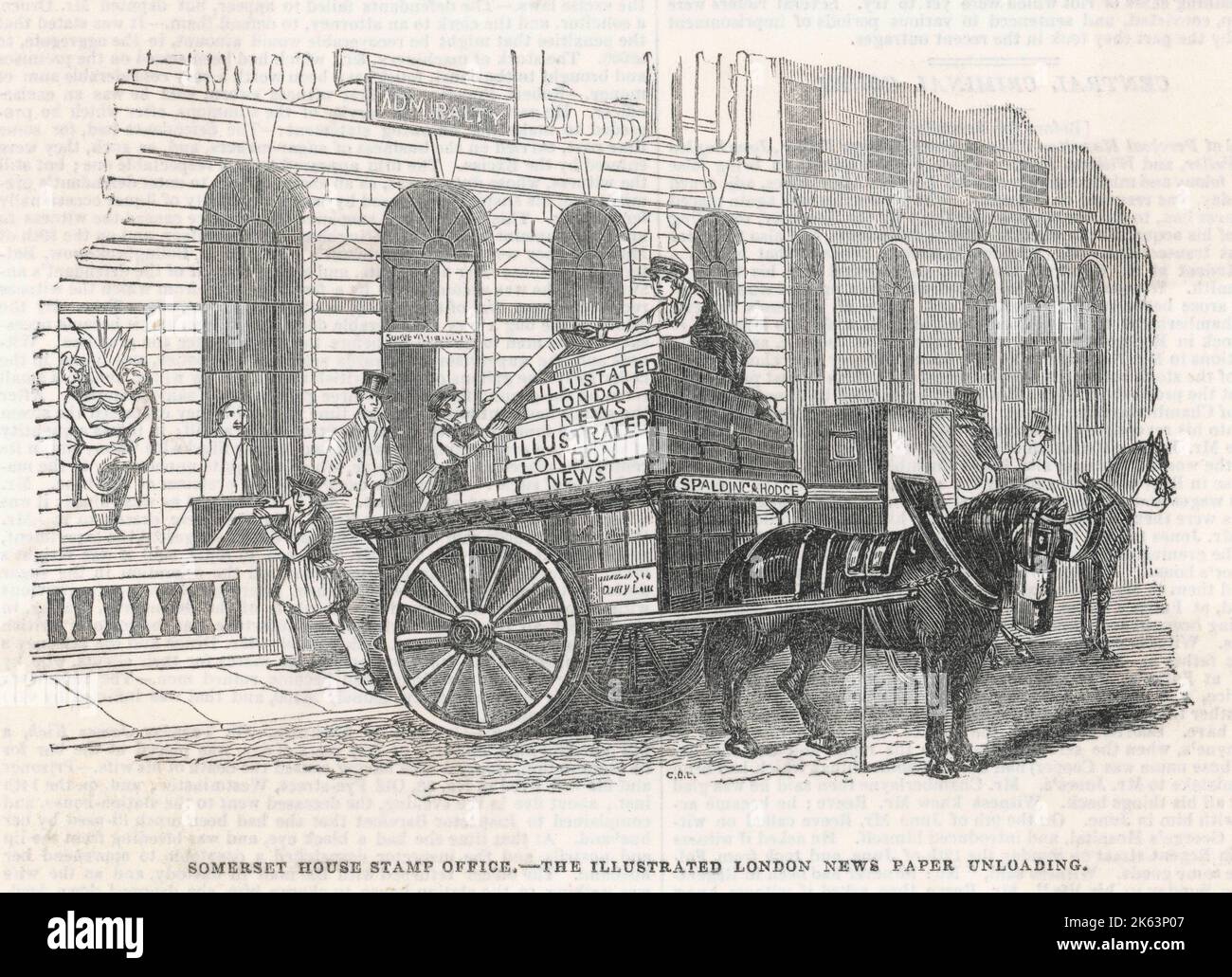 Die 1711 verhängte Stempelsteuer auf Zeitungen wurde erst 1855 aufgehoben: Hier wird die Illustrated London News zum Stempeln an Somerset House geliefert. Datum: 1842 Stockfoto