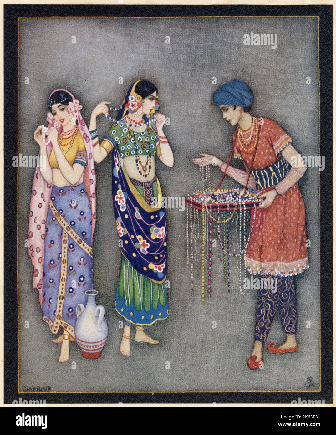 Zwei indische Frauen werden von einem Perlenhändler angesprochen Datum: Anfang des 20.. Jahrhunderts? Stockfoto