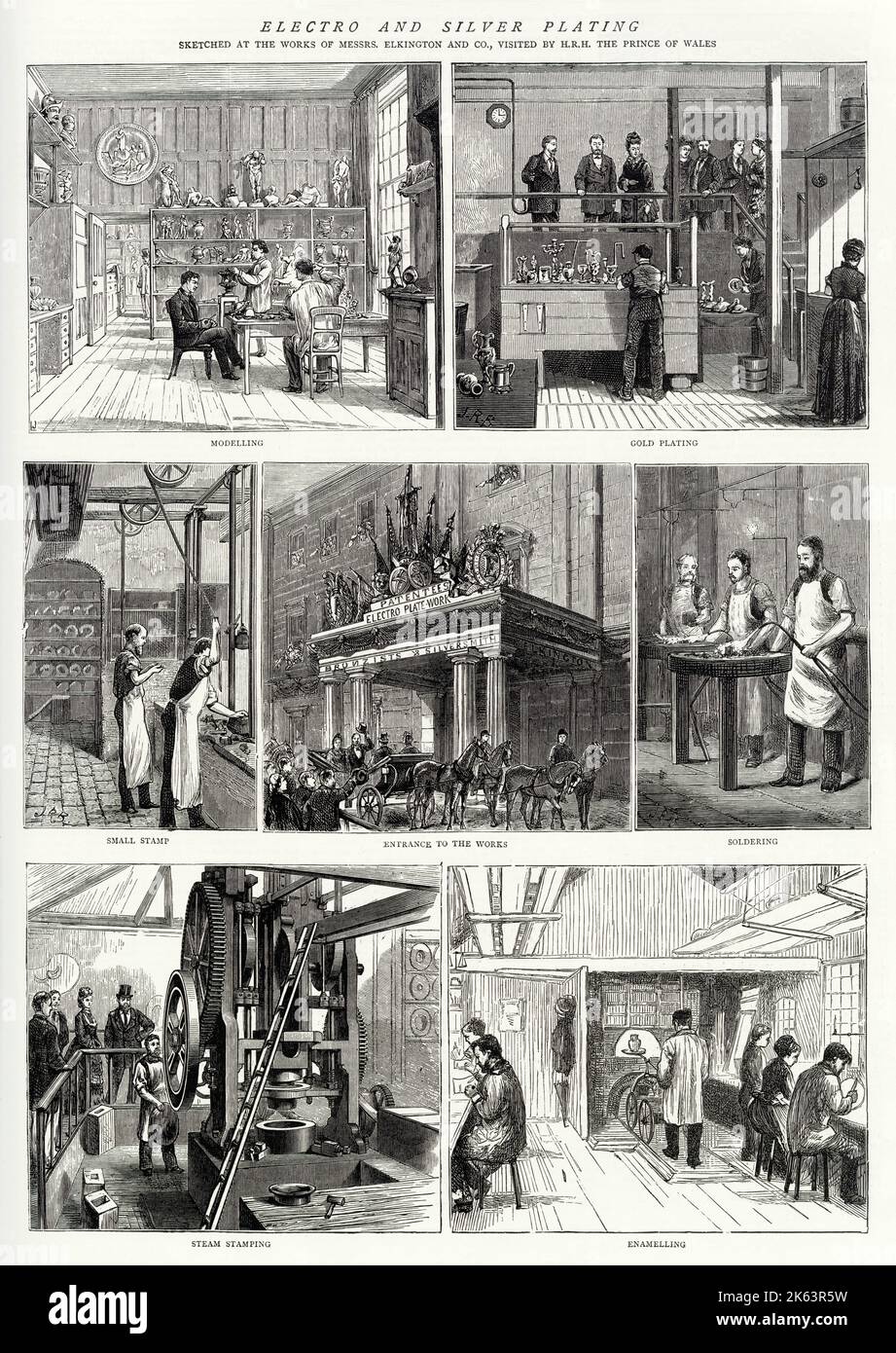 Königlicher Besuch des Prinzen und der Prinzessin von Wales (später König Edward VII und Königin Alexandra) in der Elkington-Fabrik in Birmingham, wo die Elektro- und Silberplattierung hergestellt wurde. Stockfoto