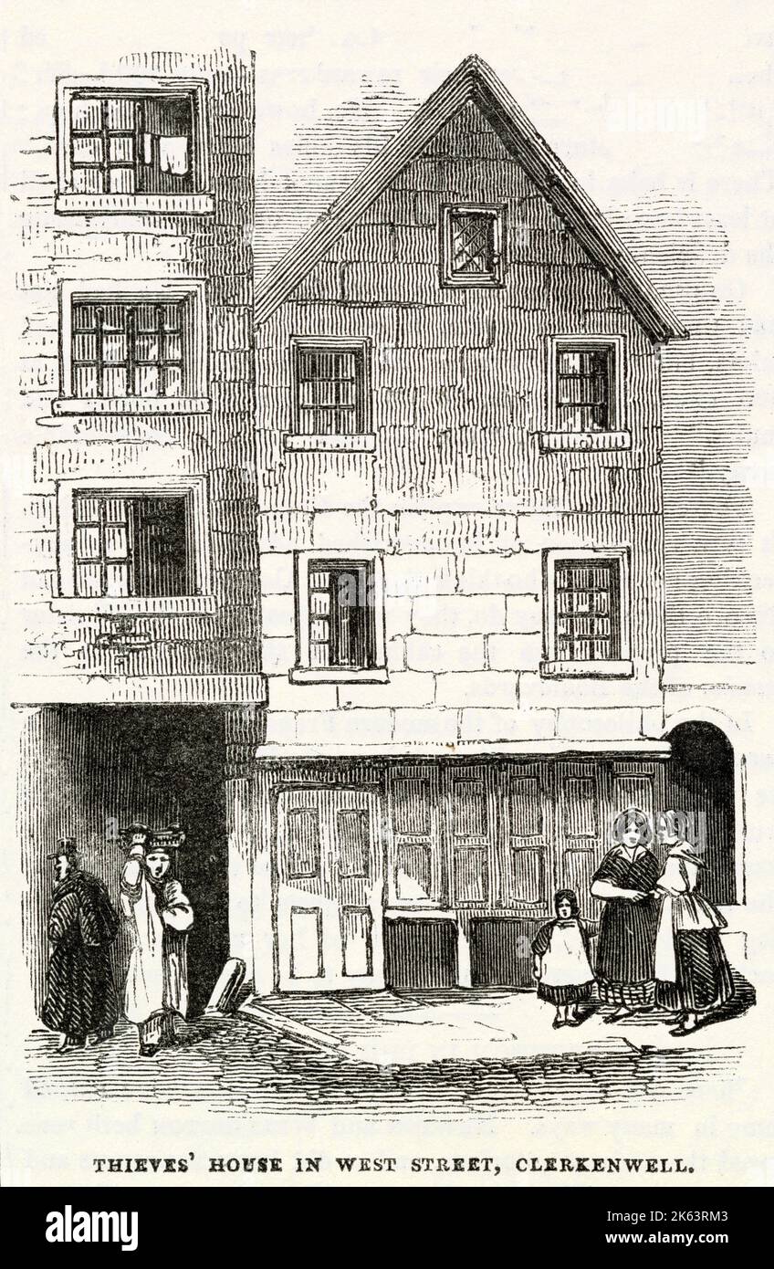 Außenansicht des Thieves' House in der West Street, (früher Chick Lane genannt) Clerkenwell, London. Gelegen auf der Westseite des Fleet River. Das Haus wurde wegen Clerkenwell-Renovierungsarbeiten abgerissen, Jahre zuvor war es einst die Red Lion Tavern. 1844 gab es Berichte über Diebe und Prostitution in den riesigen Räumen mit Falltüren, Schiebetüren, falschen Wänden, verschiedenen Verstecken und Fluchtwegen für Räuber und Mörder. Stockfoto