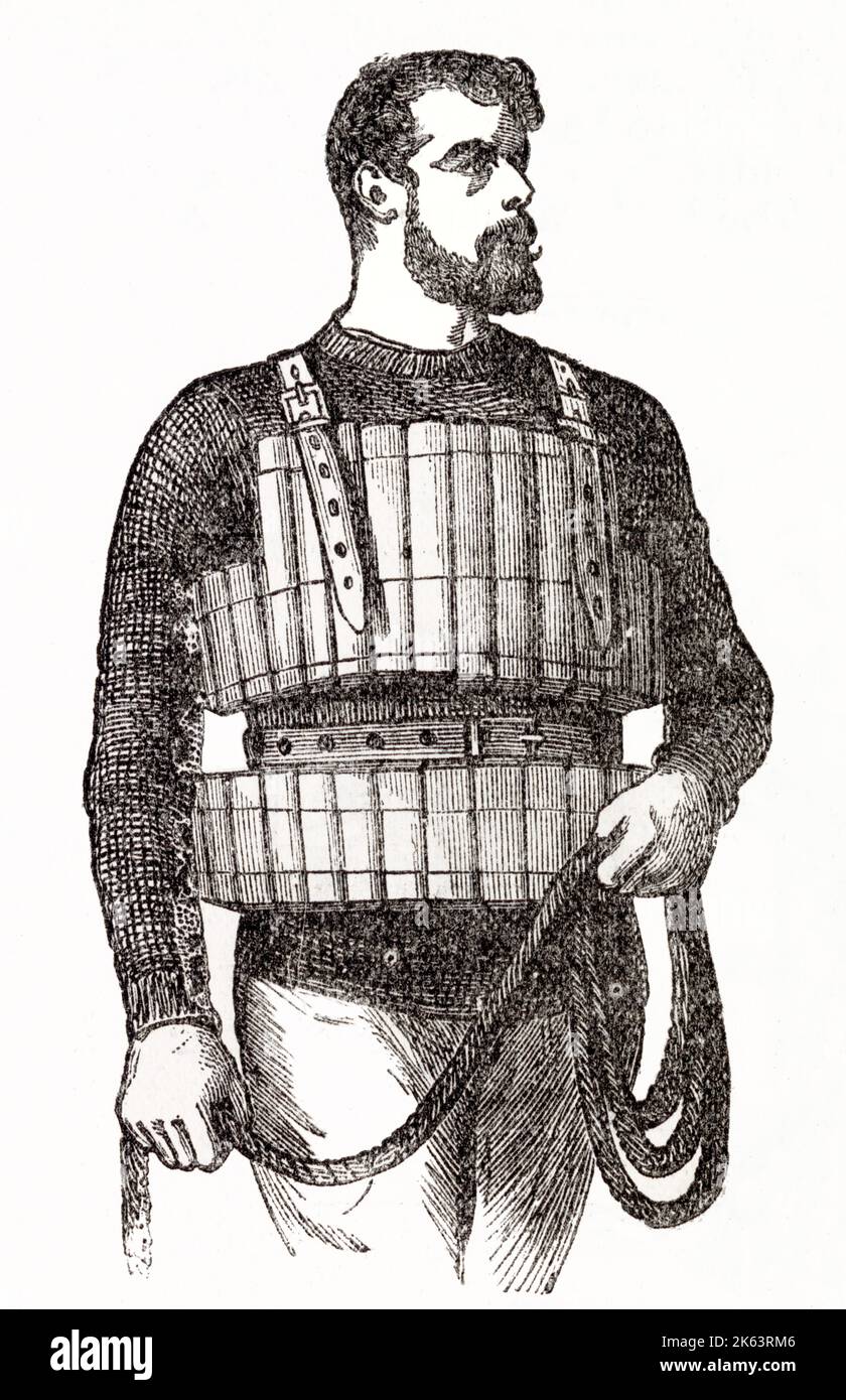 Mann mit Rettungsgürtel um den Körper, entworfen von Admiral J. R. ward 1854. Stockfoto