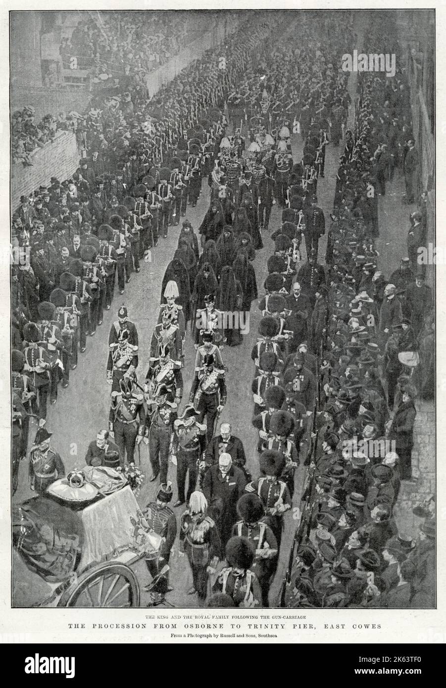Die Royal Mourners folgen dem Gewehrwagen, von Osborne zum Trinity Pier, East Cowes. Datum: 2.. Februar 1901 Stockfoto