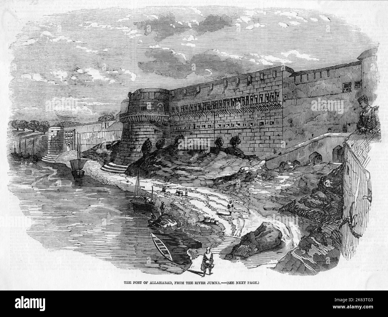 Das Fort, am Ufer des Yamuna (ehemals Jumna) Flusses. Datum: 1857 Stockfoto