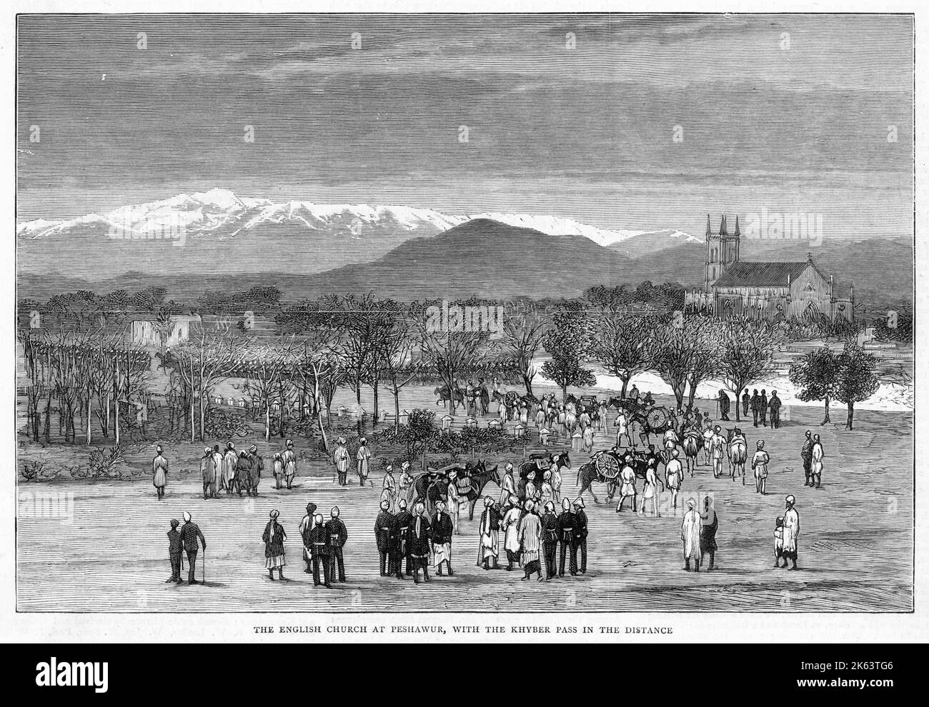 Die englische Kirche: Der Khyber Pass liegt in der Ferne, der nach Afghanistan führt. Datum: 1878 Stockfoto