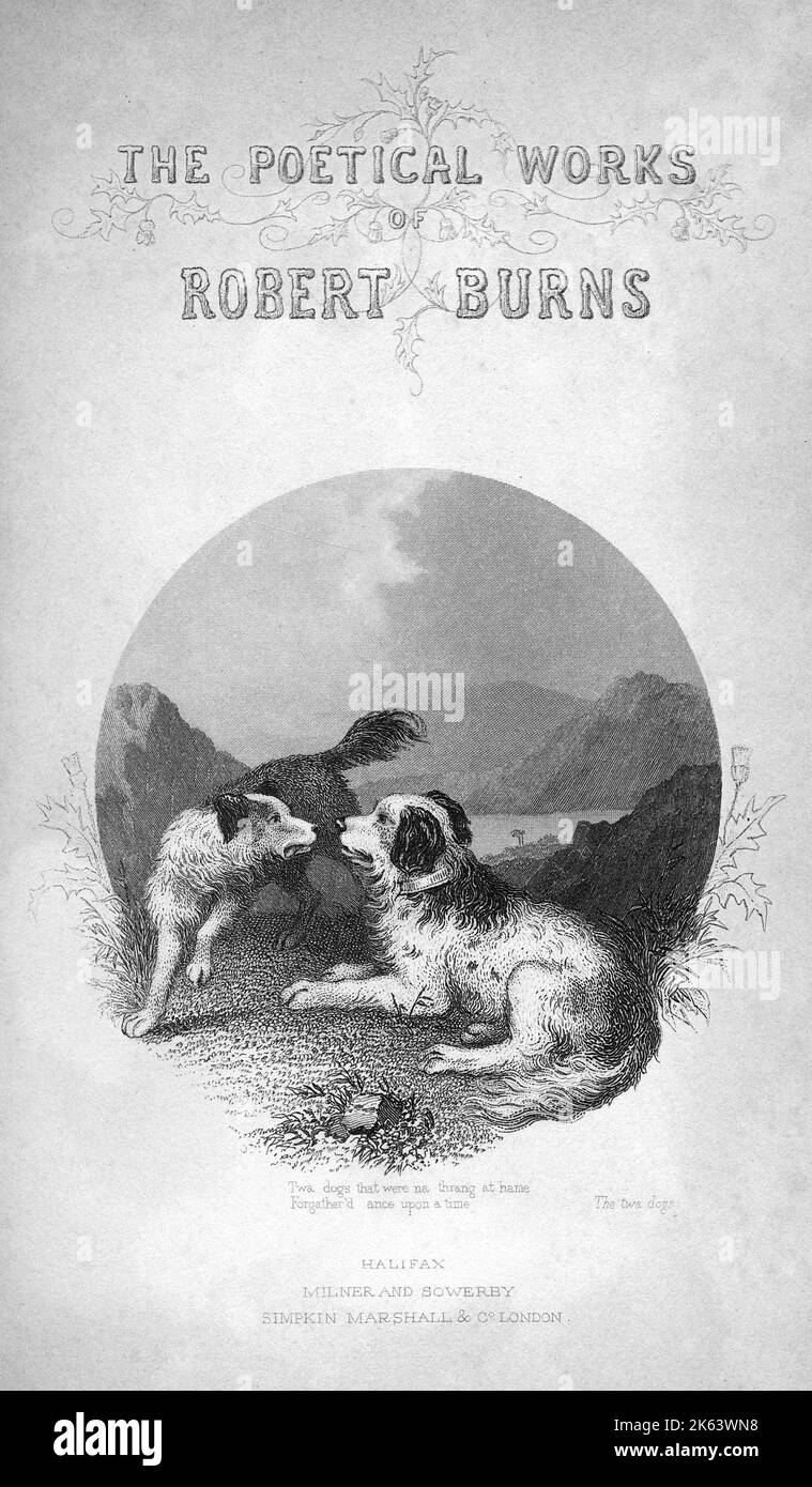 Titelseite, die poetischen Werke von Robert Burns, mit einer Illustration zum Gedicht "die TWA-Hunde". Stockfoto
