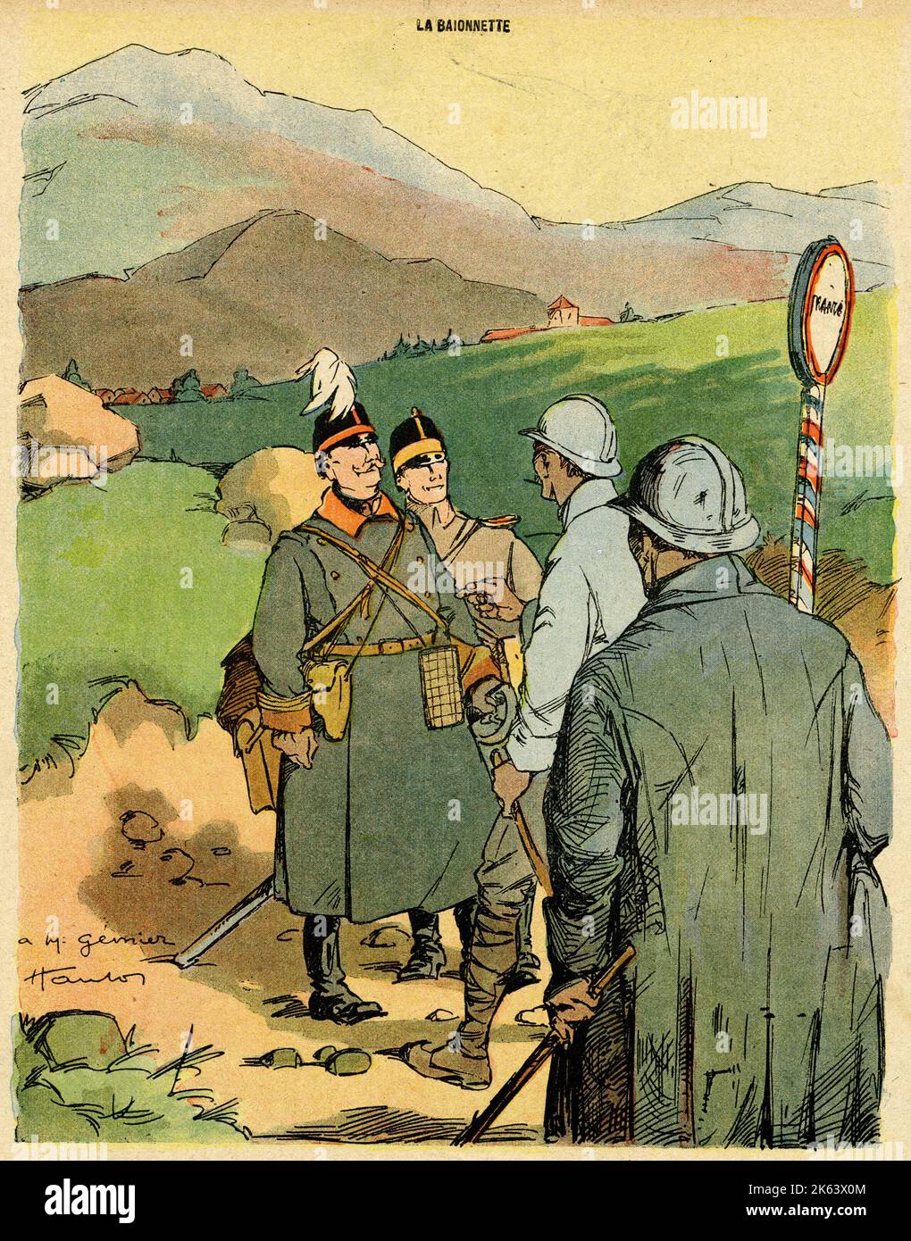 Cartoon, Jagdsaison. An einem französischen Grenzposten fragen zwei deutsche Offiziere zwei französische Soldaten, ob hier die Jagdsaison stattfindet. Stockfoto