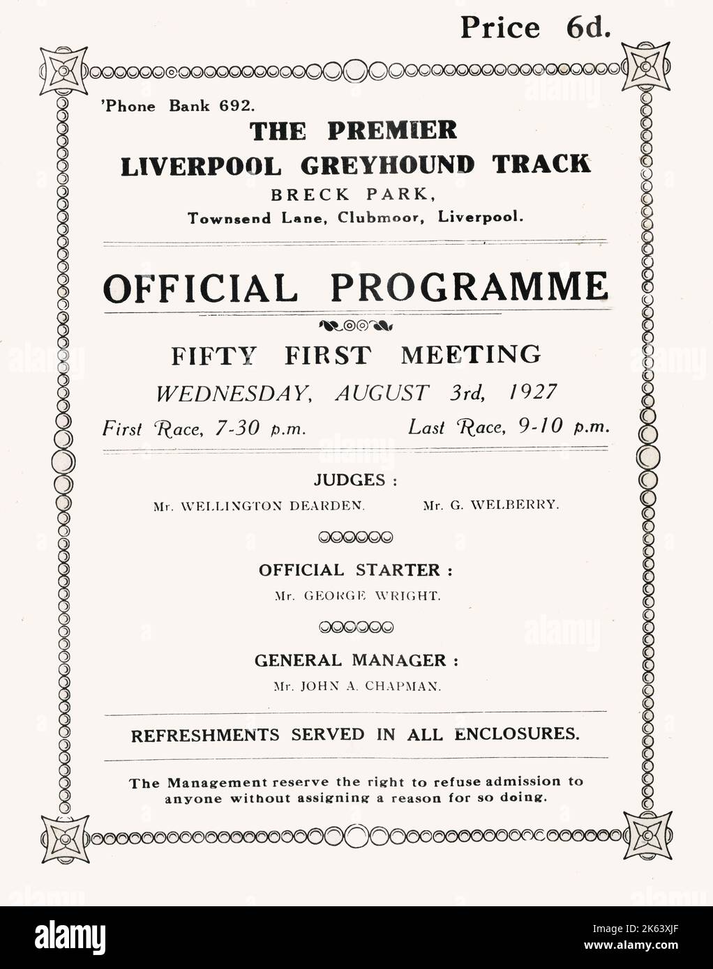 Der Premier Liverpool Greyhound Track - Breck Park, Townsend Lane, Clubmoor, Liverpool.. Das 50. Erste Treffen am Mittwoch, den 3.. August 1927. Datum: Ca. 1910s Stockfoto