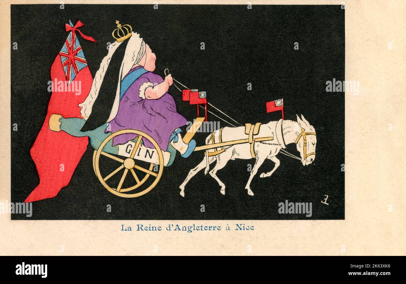 Queen Victoria in Nizza, Frankreich - ein eher (!) Respektlose französische satirische Karikatur des späten 19.. Jahrhunderts. Im Jahr 1882 begann Queen Victoria ihre Winterbeziehung mit der Cote dAzur, sie kam mit umfangreichen Speise- und Getränkevorräten, einer Vielzahl von Mitarbeitern, Highland-Soldaten und Abdul Karim, ihrem indischen Begleiter (sehr unbeliebt bei allen Bar der Königin selbst). Die Königin fuhr häufig heraus, entweder in einem Wagen oder in einem Wagen, der von 'Jacquot' gezogen wurde, einem Esel, den sie halb verhungert von einem Bauern gerettet hatte (wie auf dieser Karte gehäkelt) und den sie anschließend mit nach England nahm Stockfoto