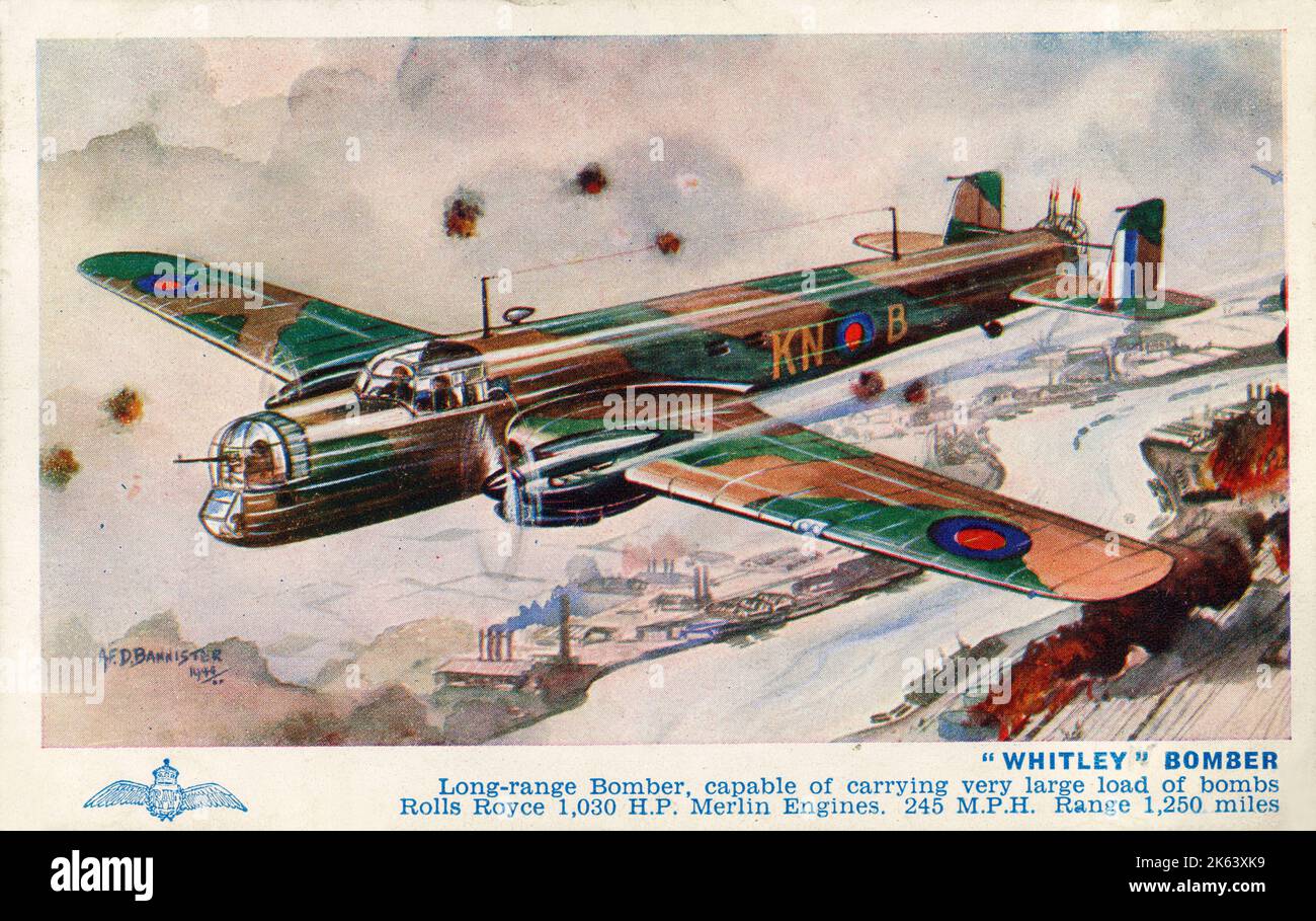 'Whitley' Bomber - Langstreckenbomber, der sehr große Bombenlast tragen kann. Rolls Royce 1.030 H.P. Merlin-Motoren. 245mph. Range - 1.250 Meilen. Stockfoto
