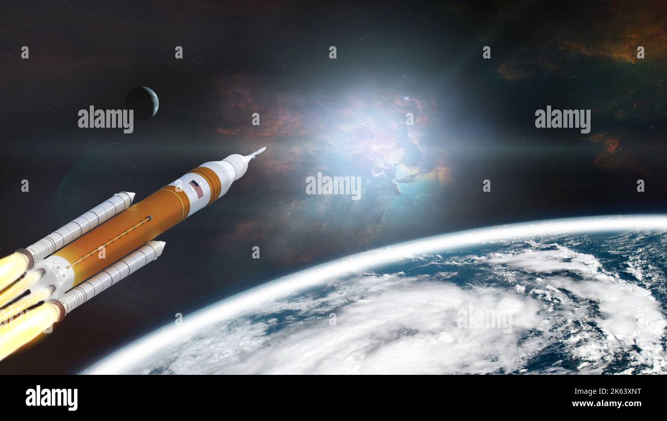 Orion-Raumschiff nimmt Mission vom Erdplaneten auf. Artemis-Weltraumprogramm. Elemente dieses Bildes, die von der NASA eingerichtet wurden. Stockfoto