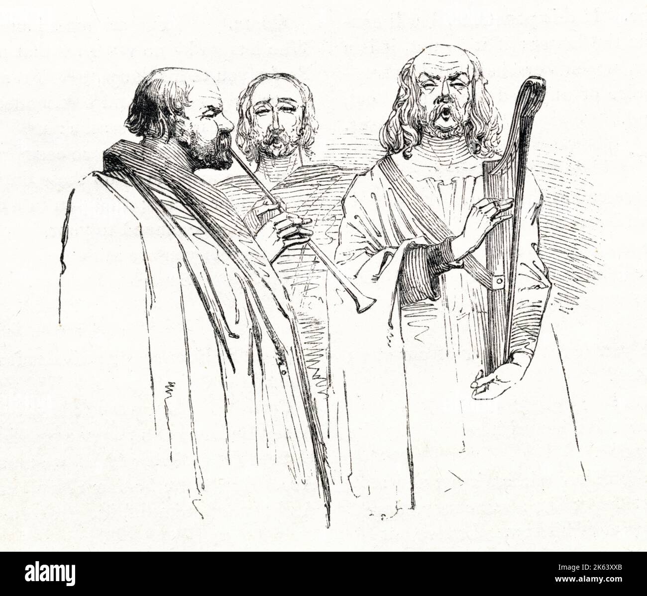 Illustration von Kenny Meadows an Cymbeline, von William Shakespeare. Musiker, die vor Imogens Schlafzimmer spielen, um sie am frühen Morgen zu wecken, auf Clotens Wunsch. Stockfoto