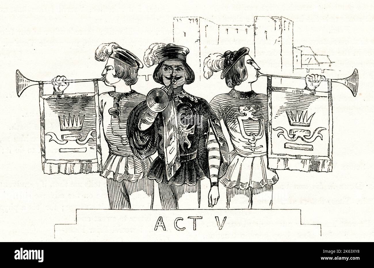 Illustration von Kenny Meadows nach Maß, von William Shakespeare. Einleitende Illustration zu Akt V, bei der drei Herolde Fanfare-Trompeten blasen, um die Rückkehr des Herzogs zu markieren. Datum: 1840 Stockfoto