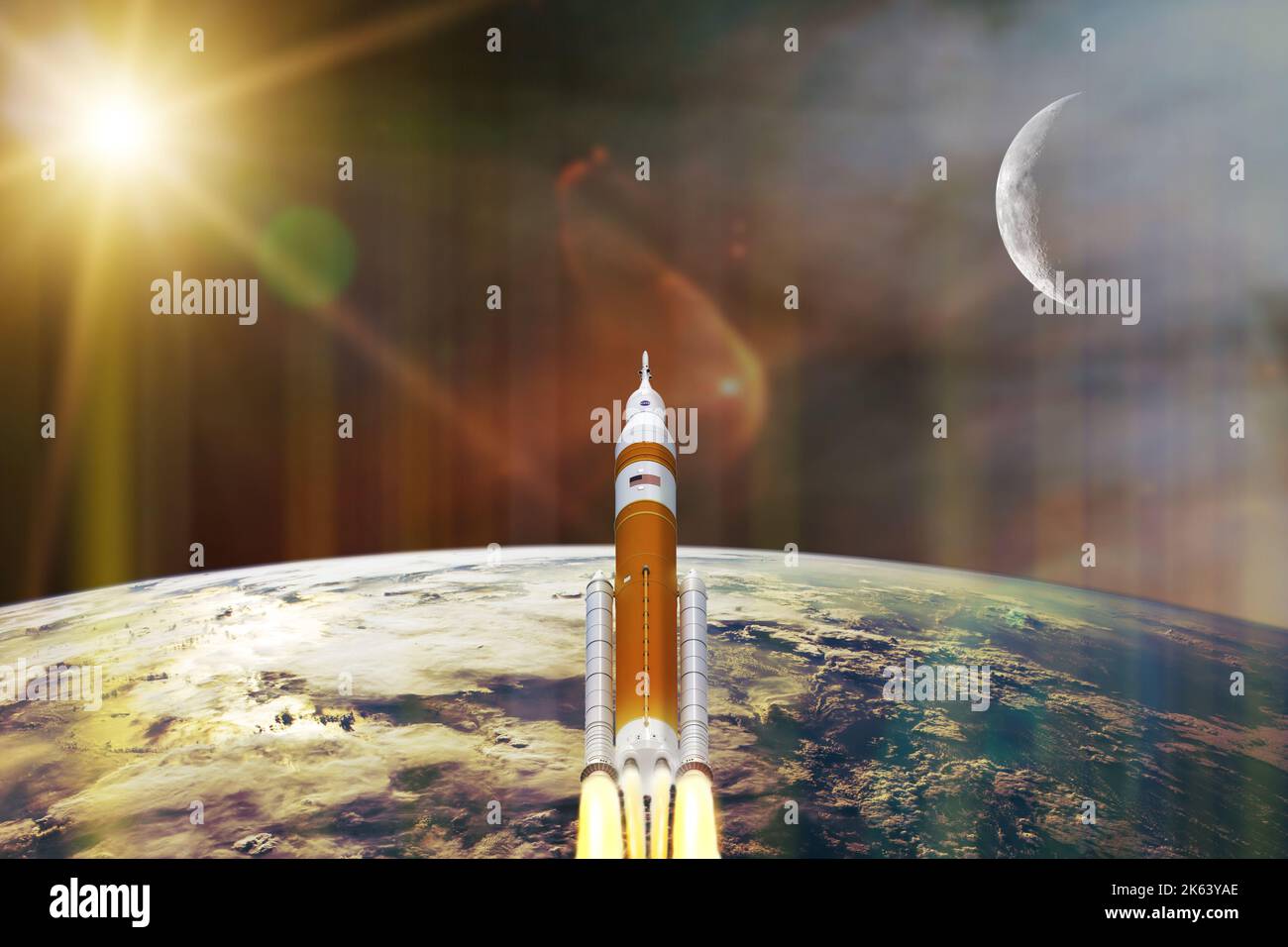 Artemis-Weltraumprogramm zur Erforschung des Sonnensystems. Orion-Raumsonde auf der niedrigen Umlaufbahn der Erde. Elemente dieses Bildes, die von der NASA eingerichtet wurden. Stockfoto