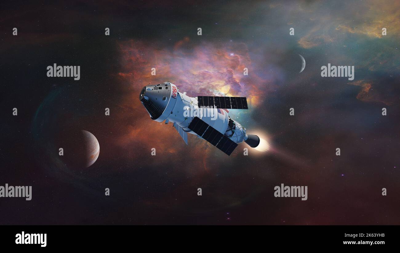 Artemis-Weltraumprogramm. Orion-Raumsonde im Weltraum. Elemente dieses Bildes, die von der NASA eingerichtet wurden. Stockfoto