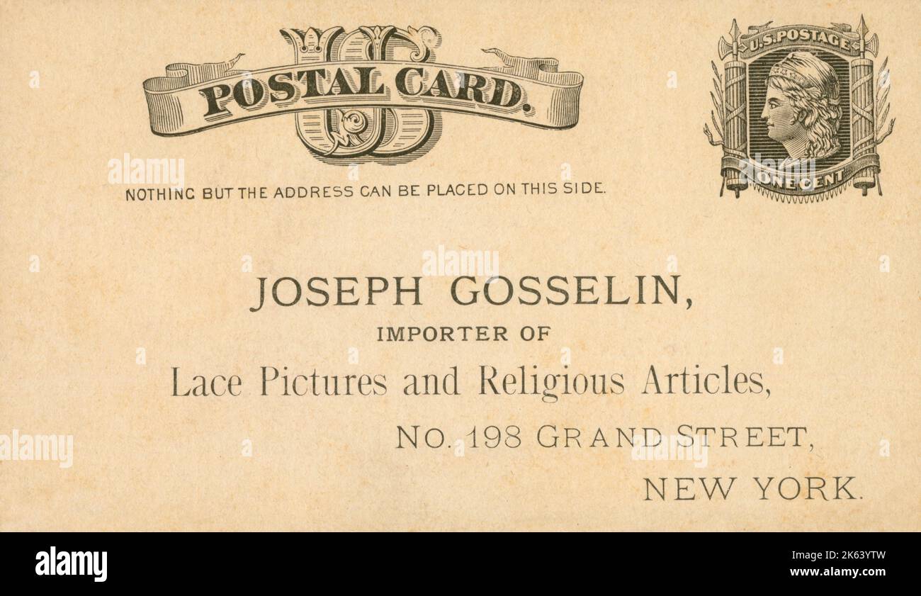 Eine sehr frühe amerikanische ein-Cent-Postkarte, die für Nachrichten/Bestellungen an Joseph Gosselin, Importeur von Spitzenbildern und religiösen Artikeln, 198 Grand Street, New York City, USA, gedruckt wurde. Stockfoto