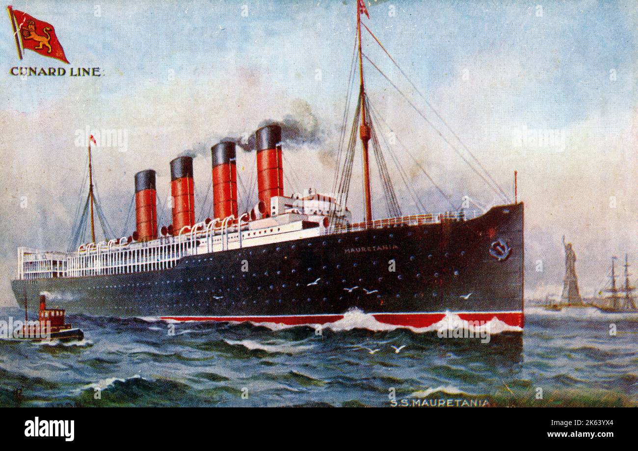 RMS Mauretania war ein von Leonard Peskett entworfener und von Wigham Richardson und Swan Hunter für die British Cunard Line gebauter Ozeanliner, der am Nachmittag des 20. September 1906 in Betrieb genommen wurde. Stockfoto