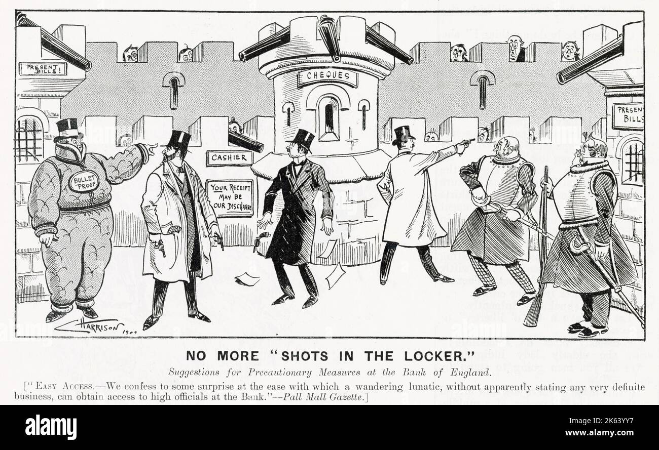 Keine "Schüsse im Schließfach" mehr. Vorschläge für Vorsichtsmaßnahmen bei der Bank of England, einschließlich kugelsicherer Anzüge, Rüstungen, Kanonen und Befestigungsanlagen. Ein Cartoon über einen Vorfall am 24. November 1903, als ein Fremder die Bank von England betrat und mehrmals auf Kenneth Grahame, den Sekretär der Bank, schoss. Er war unverletzt. Stockfoto