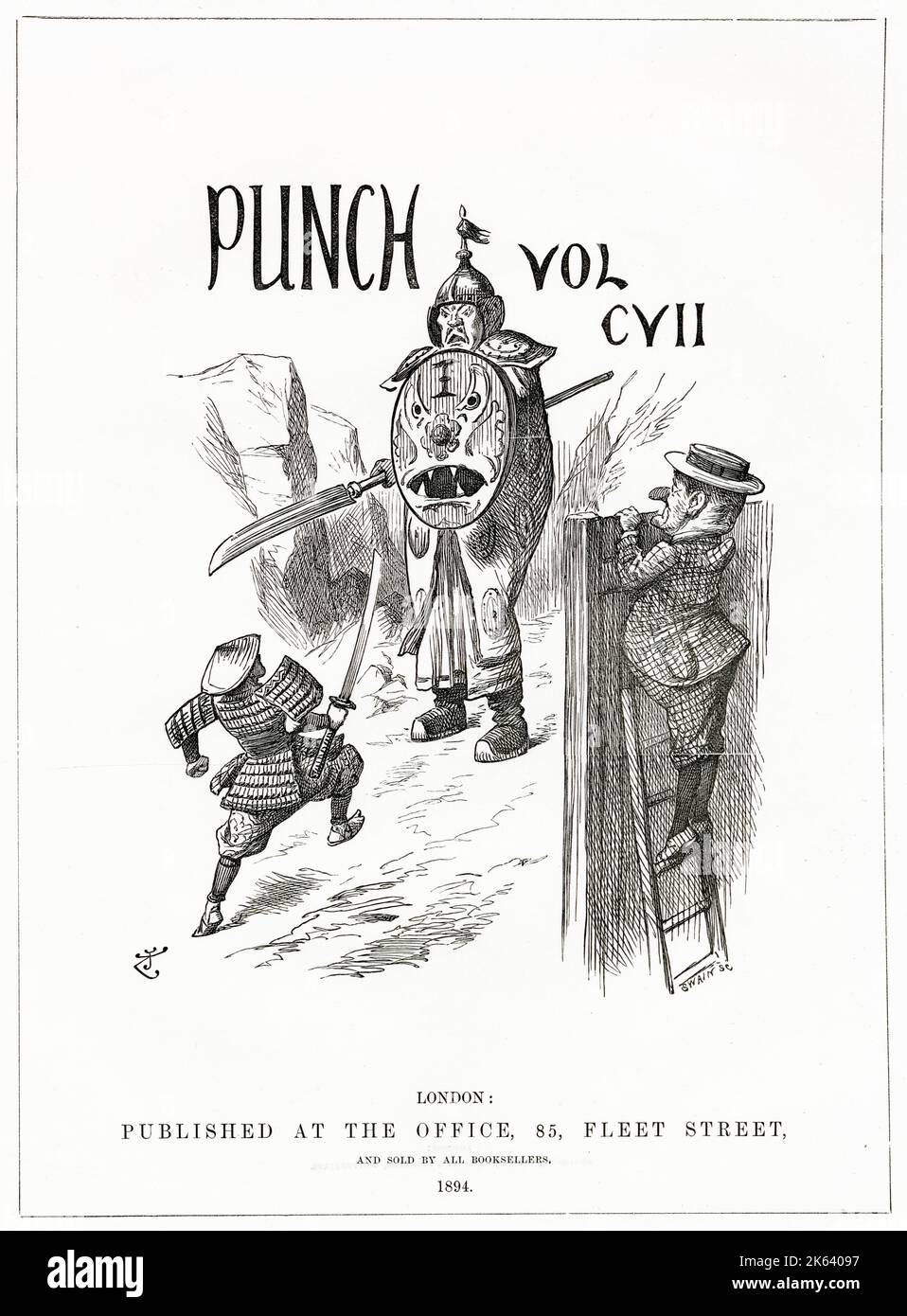 Zeichentrickfilm zu Beginn des ersten chinesisch-japanischen Krieges (1894. Juli bis 1895. September). Europa (vertreten durch Herrn Punch) erwartet, dass China Japan besiegt. Stockfoto