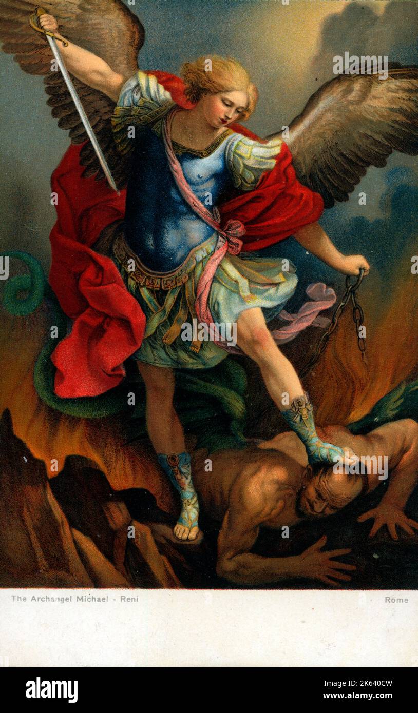 Der hl. Erzengel Michael besiegt Satan (1635) von Guido Reni (1575-1642). Reni war wütend auf Papst Innozenz X., weil er sein Werk kritisiert hatte, und einige Gelehrte behaupten, dass Reni Innozenz X. in diesem Gemälde als den Teufel dargestellt habe. Stockfoto