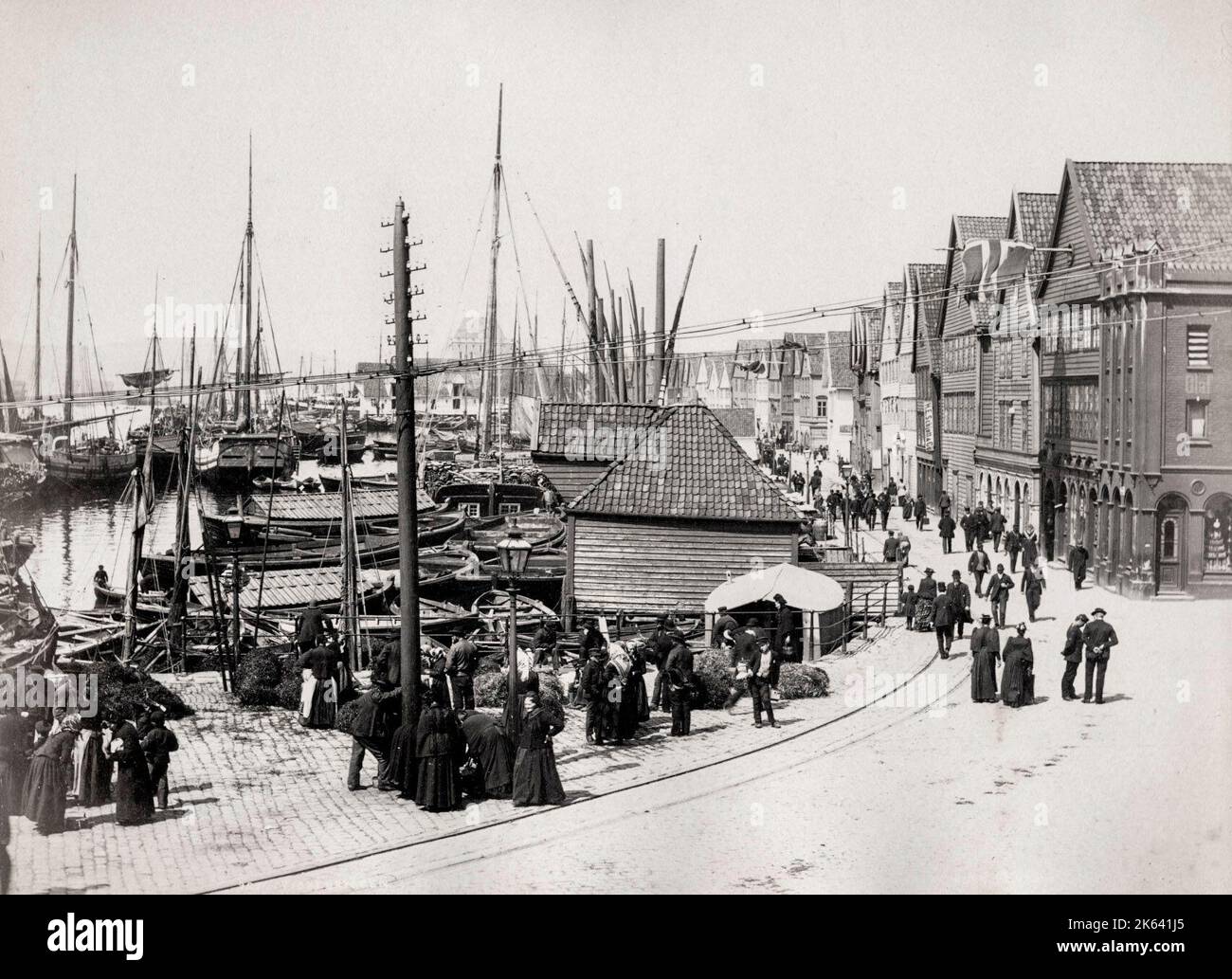 Vintage 19. Jahrhundert Foto: Blick auf den Hafen, Bergen Norwegen Stockfoto