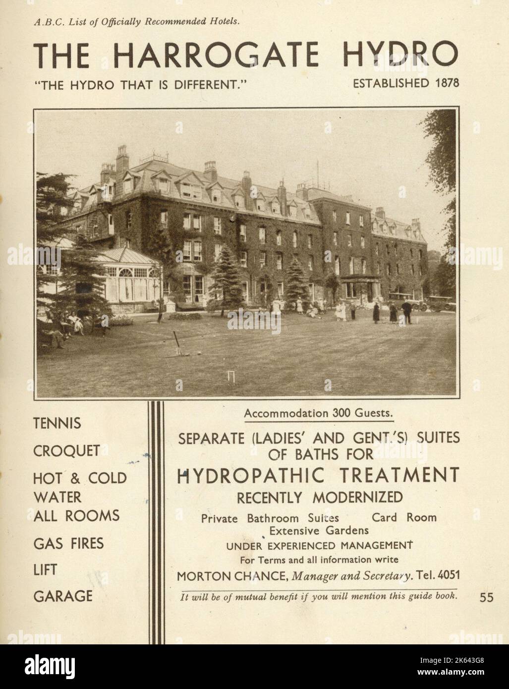 Das Harrogate Hydro, Spa und Hotel in der Yorkshire Stadt Harrogate mit Unterkunft für 300 Gäste und den neuesten Hydropathie-Behandlungen. Als die Romanautorin Agatha Christie 1926 elf Tage lang verschwand und eine landesweite Suche auslöste, entdeckte man schließlich, dass sie im Hydro wohnt. Heute ist das Hotel als Old Swan Hotel bekannt. Stockfoto