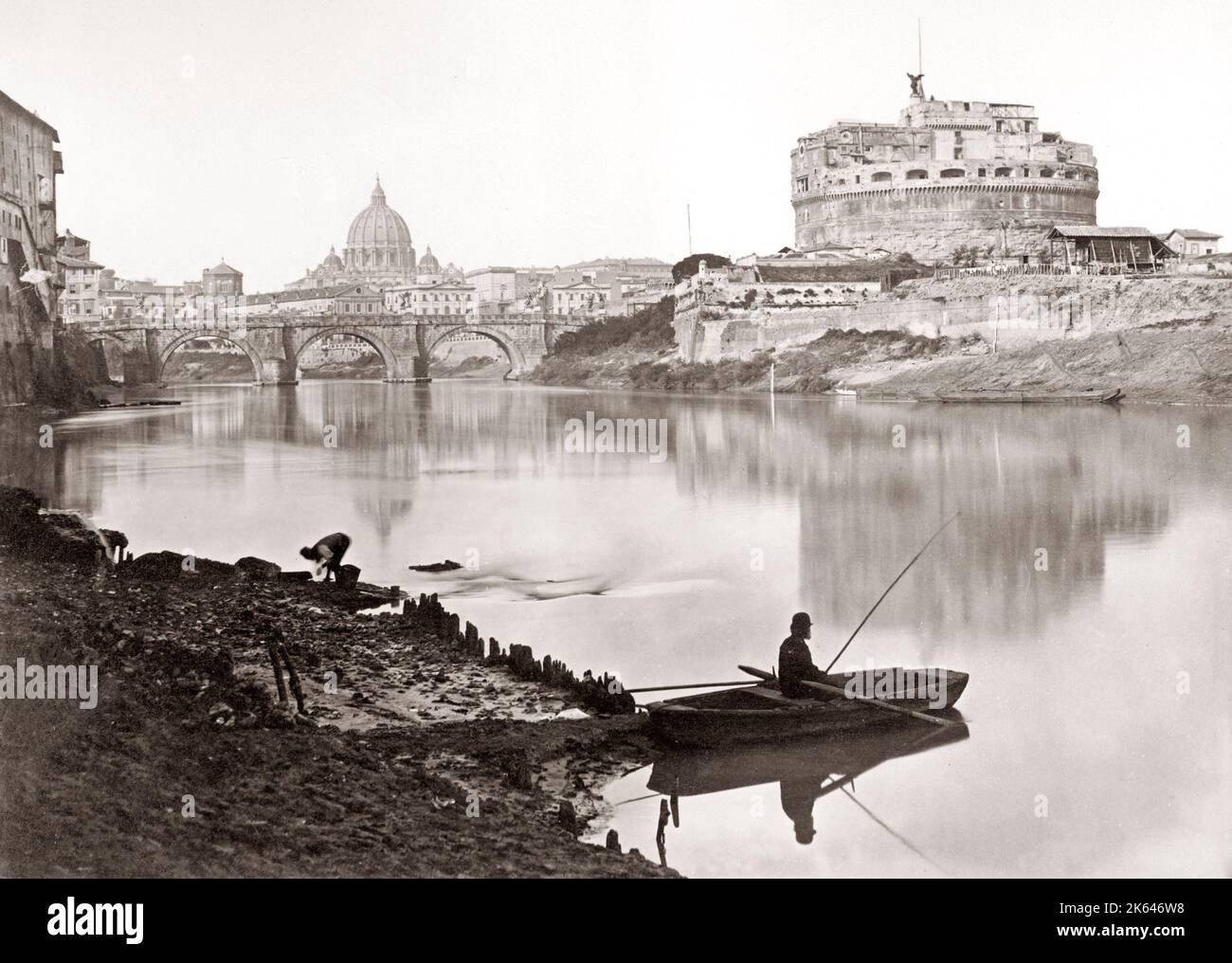 Fischer auf dem Tiber, Rom, bei St. Peter und St. Angelo's Castle, Italien c 1870 Stockfoto