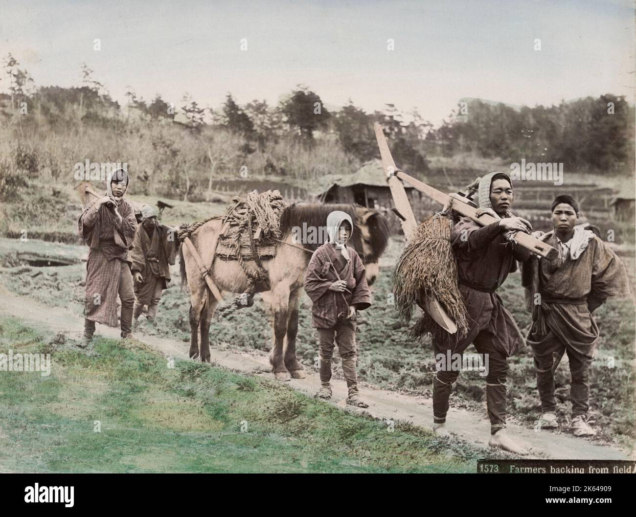 19. Jahrhundert Vintage-Foto - Bauern, die von den Feldern zurückkehren, mit Werkzeugen und einem Pferd, Japan, um 1880. Stockfoto