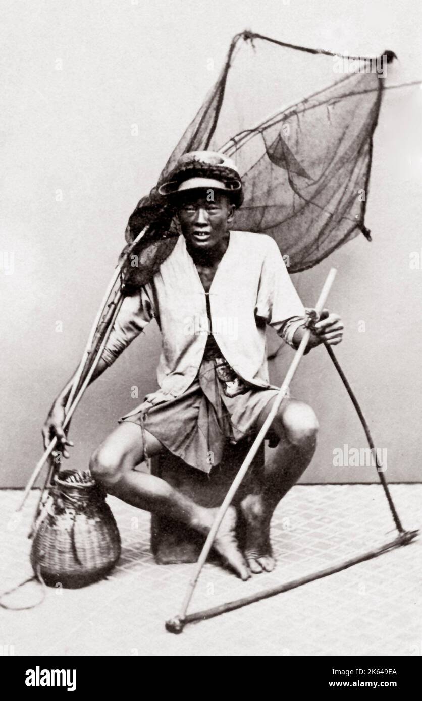 C 1880 Südostasien - Portrait Indochina, Vietnam oder Singapur - Fischer und Netze Stockfoto