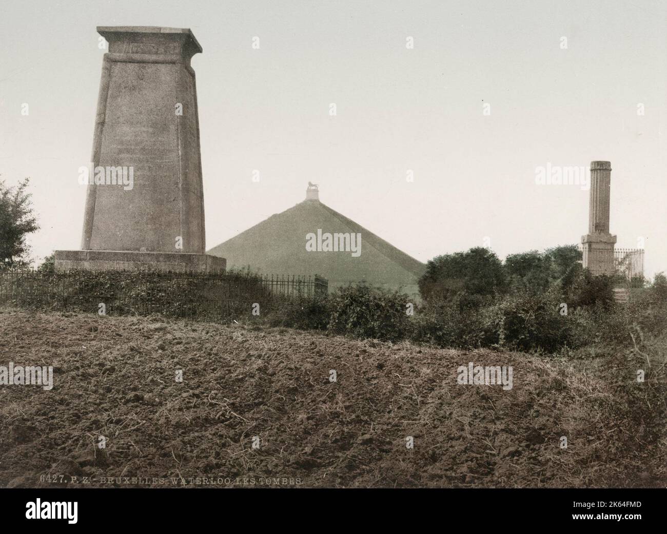 Vintage 19. Jahrhundert Foto: Schlacht von Waterloo Monument, Belgien. Der Löwenhügel ist ein großer kegelförmiger künstlicher Hügel in der Gemeinde Braine-l'Alleud, Belgien. Stockfoto