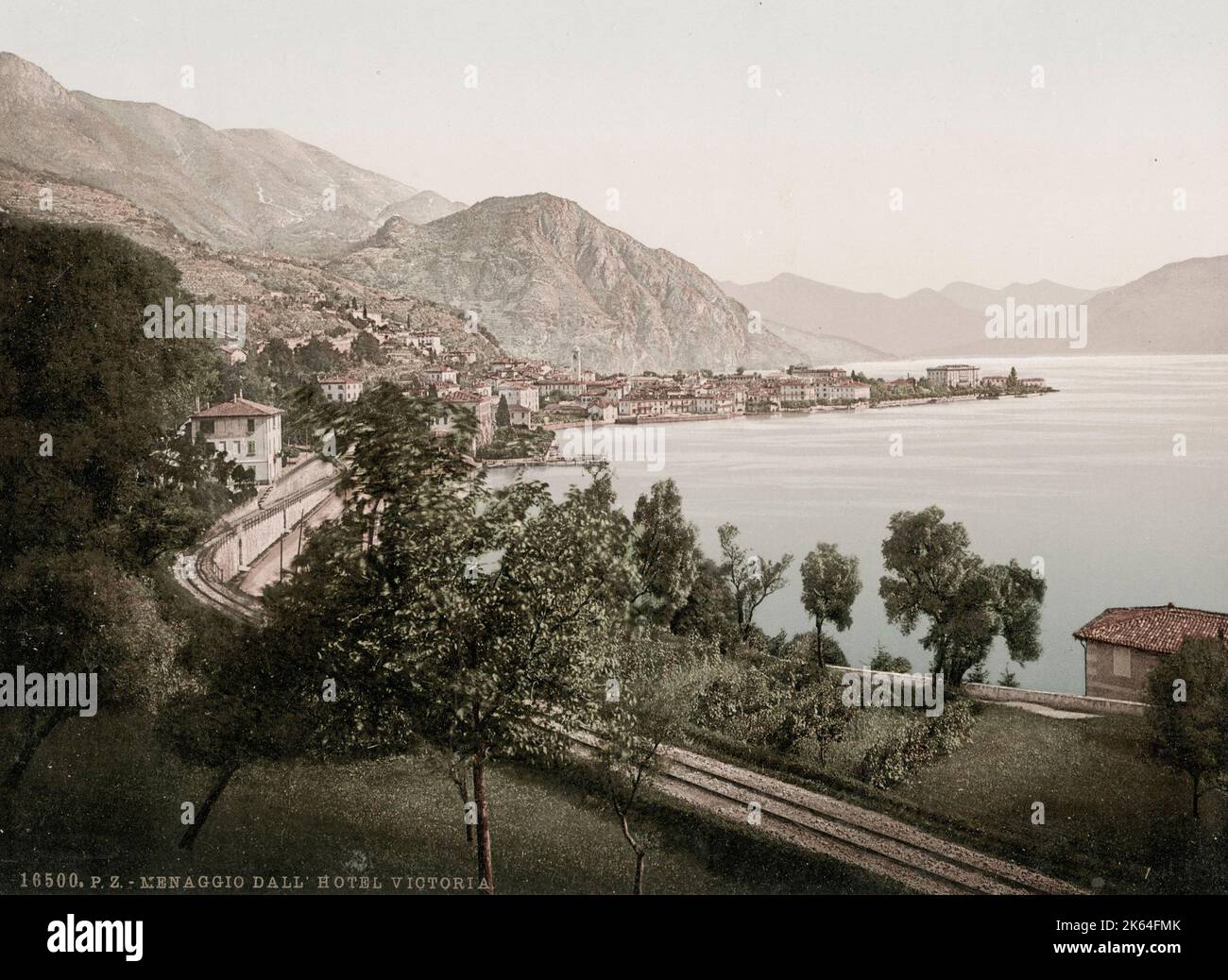 Vintage 19. Jahrhundert Foto: Menaggio ist eine Stadt und Gemeinde in der Provinz Como, Lombardei, Norditalien, am westlichen Ufer des Comer Sees an der Mündung des Flusses Senagra. Stockfoto