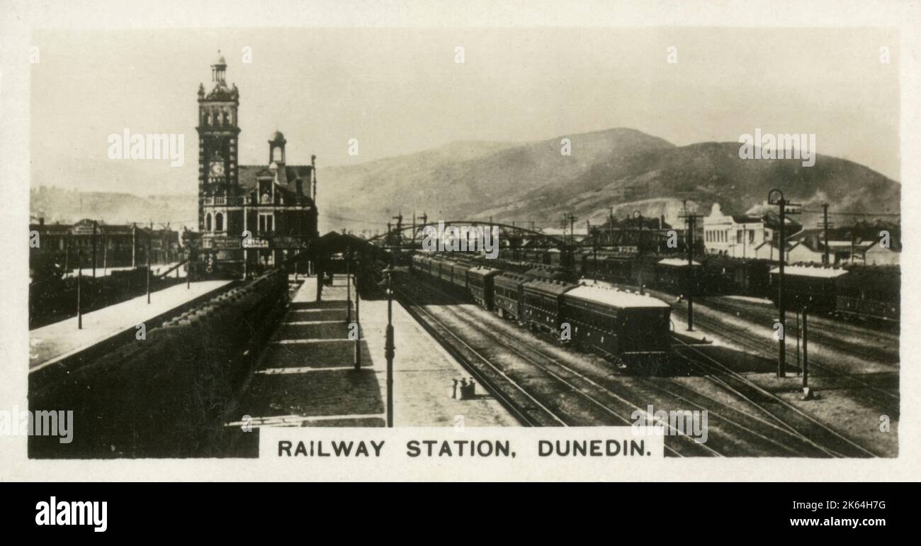 Neuseeland - der Bahnhof, Dunedin - Hauptstadt und Hafen des Otago Provincial District, gegründet 1848 von schottischen Siedlern. Dun-Edin ist der alte gälische Name für Edinburgh. Stockfoto