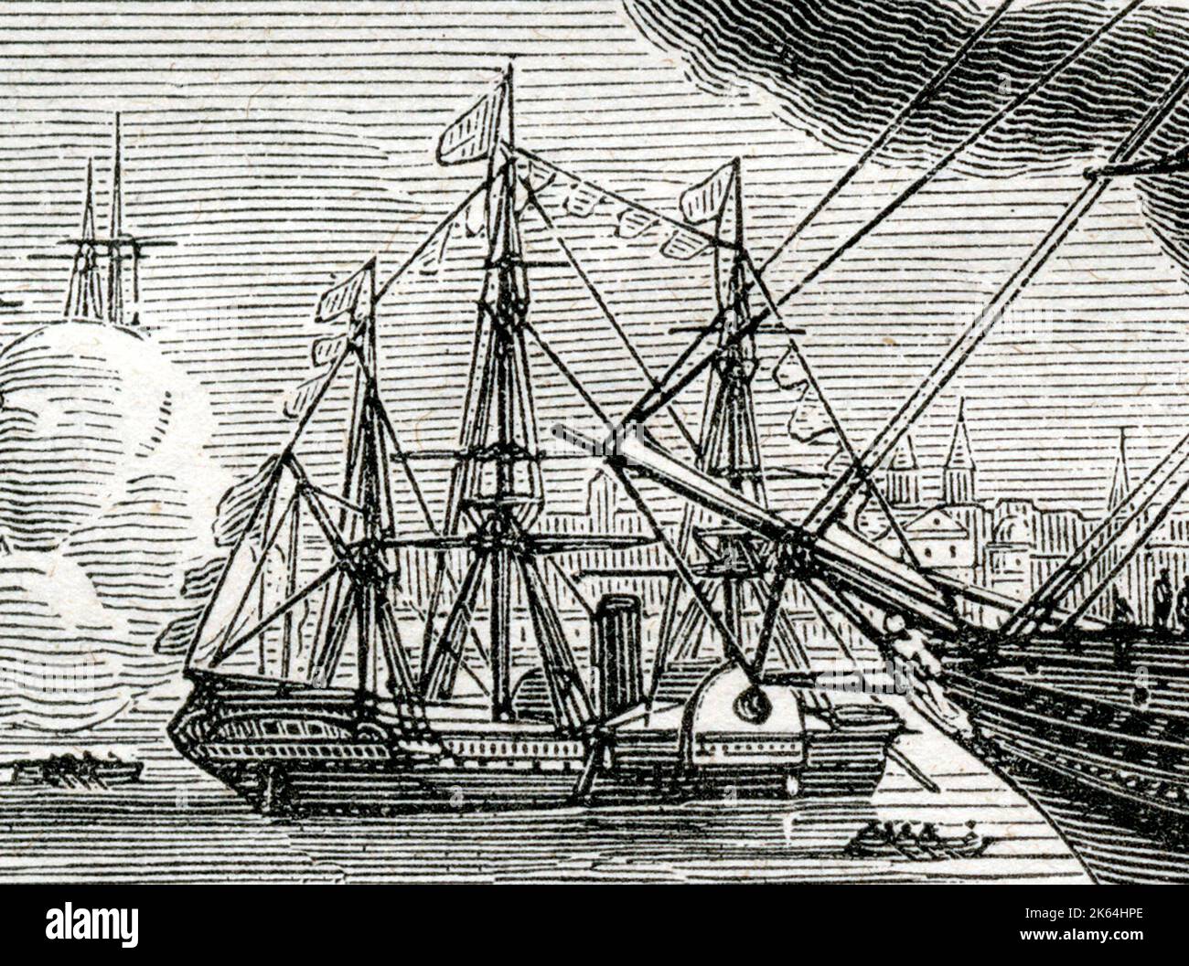 SS Sirius - ein im Jahr 1837 von Robert Menzies & Sons of Leith, Schottland, gebautes Sidewheel-Dampfschiff mit Holzrumpf für die London-Cork-Strecke, die von der Saint George Steam Packet Company betrieben wird. Im Jahr 1838 trat sie in den transatlantischen Passagierdienst ein, als sie von der britischen und amerikanischen Steam Navigation Company für zwei Fahrten gechartert wurde. Da sie einen Tag vor dem Great Western in New York ankommt, wird sie normalerweise als erste Inhaberin des Blue Riband aufgeführt (dieses Bild ist ein Detail eines größeren Bildes 10049294, das auch den Great Western zeigt). Stockfoto